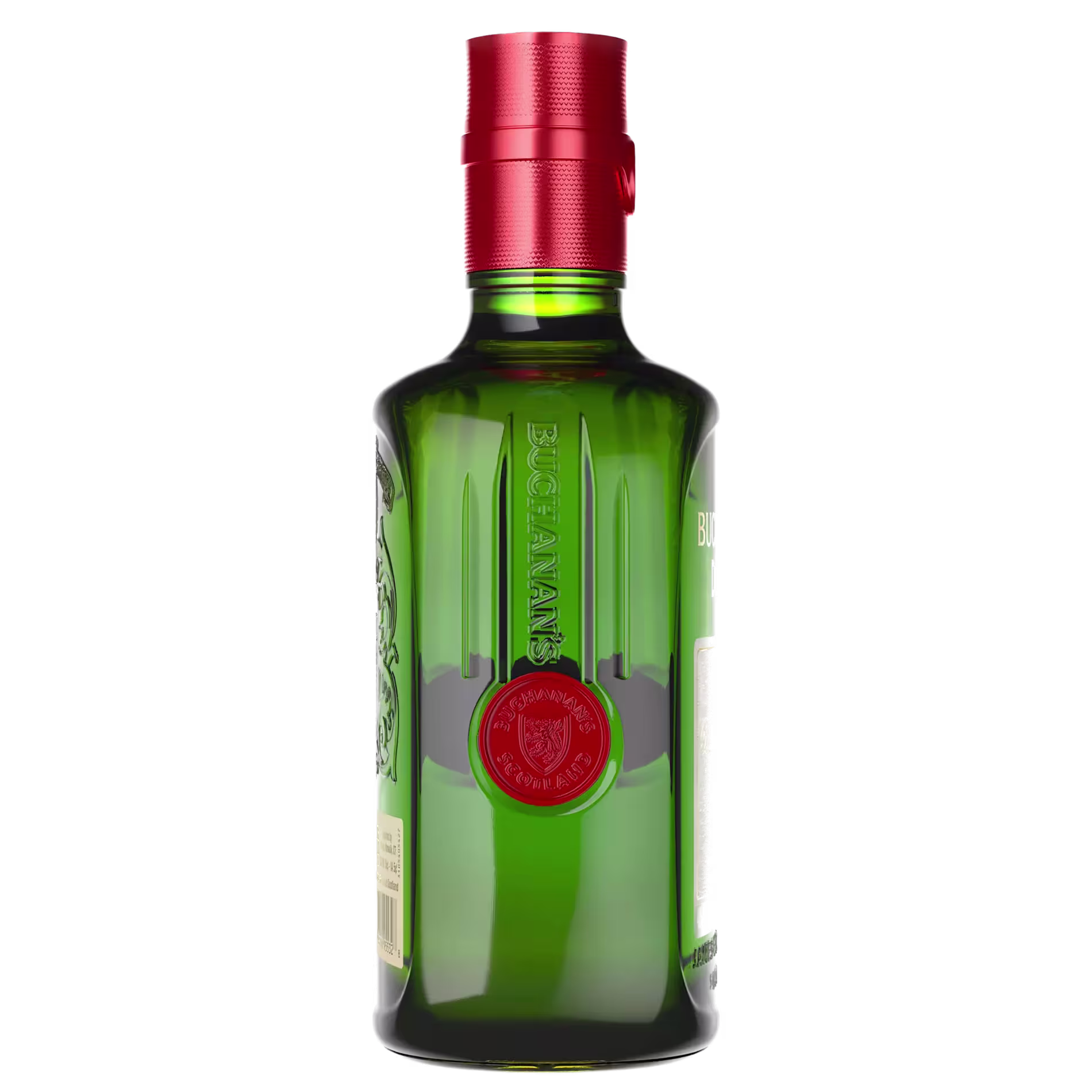 A green glass bottle with a red cap, embossed with Buchanans and a red seal on the front.