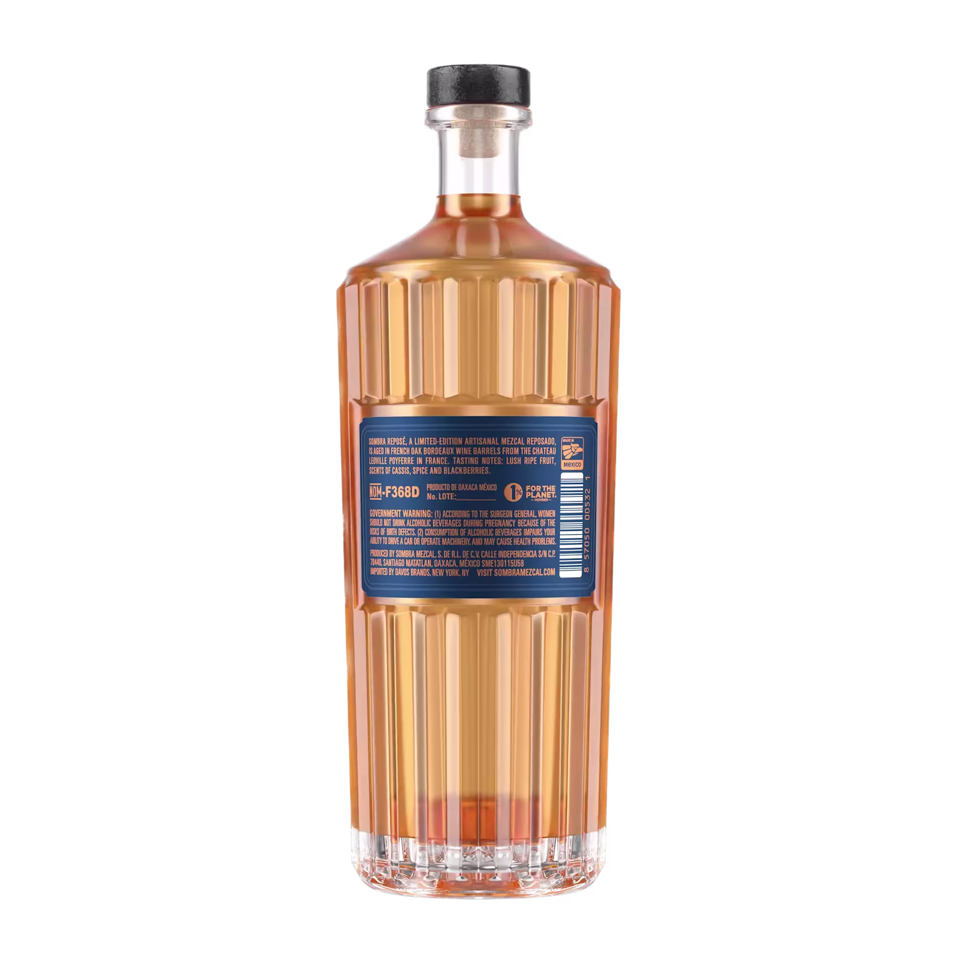 A tall, amber-colored glass bottle with a black cap, featuring a blue and orange label with text on the back.