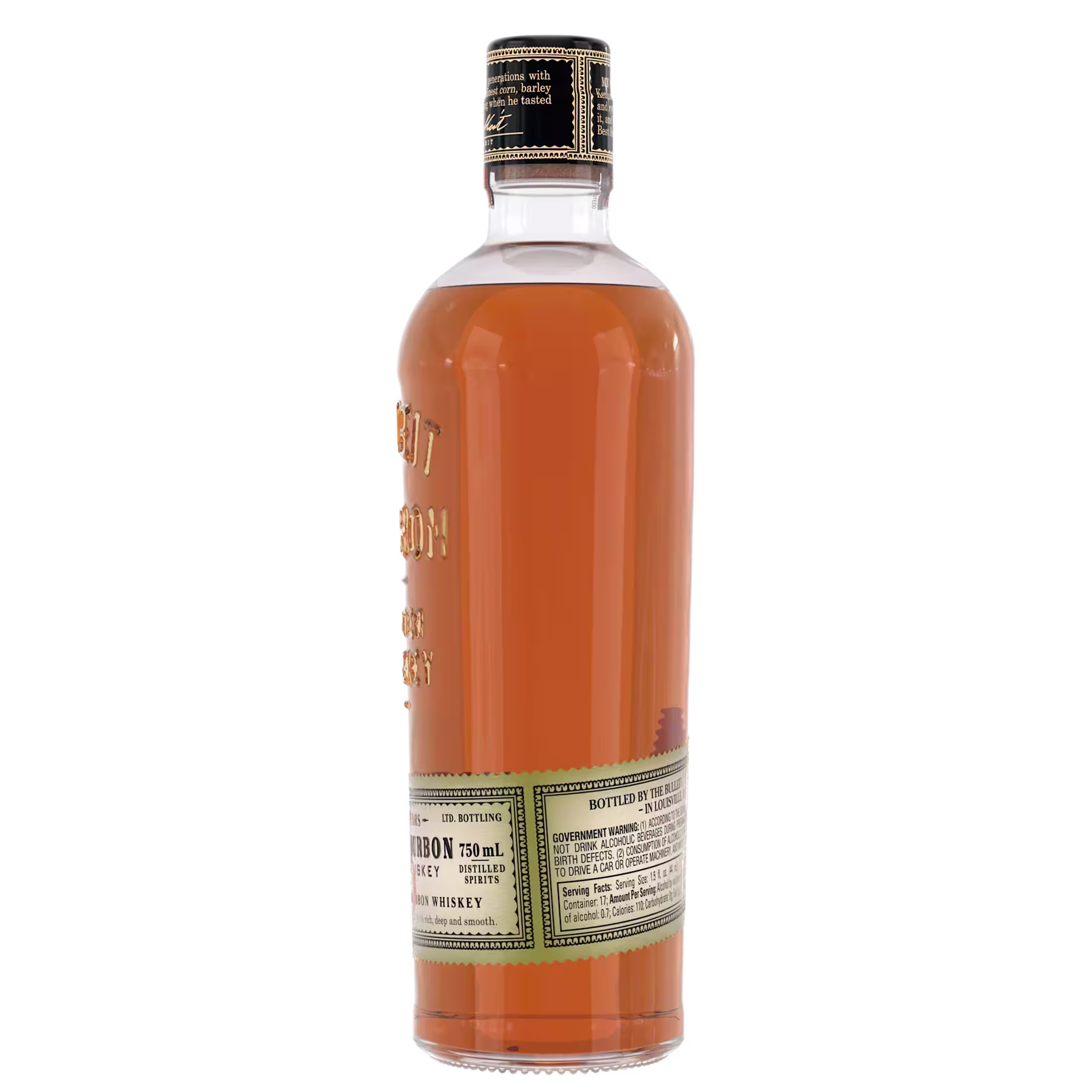 A bottle of whiskey with a green and cream label, showing the side view and information about the contents and bottling.