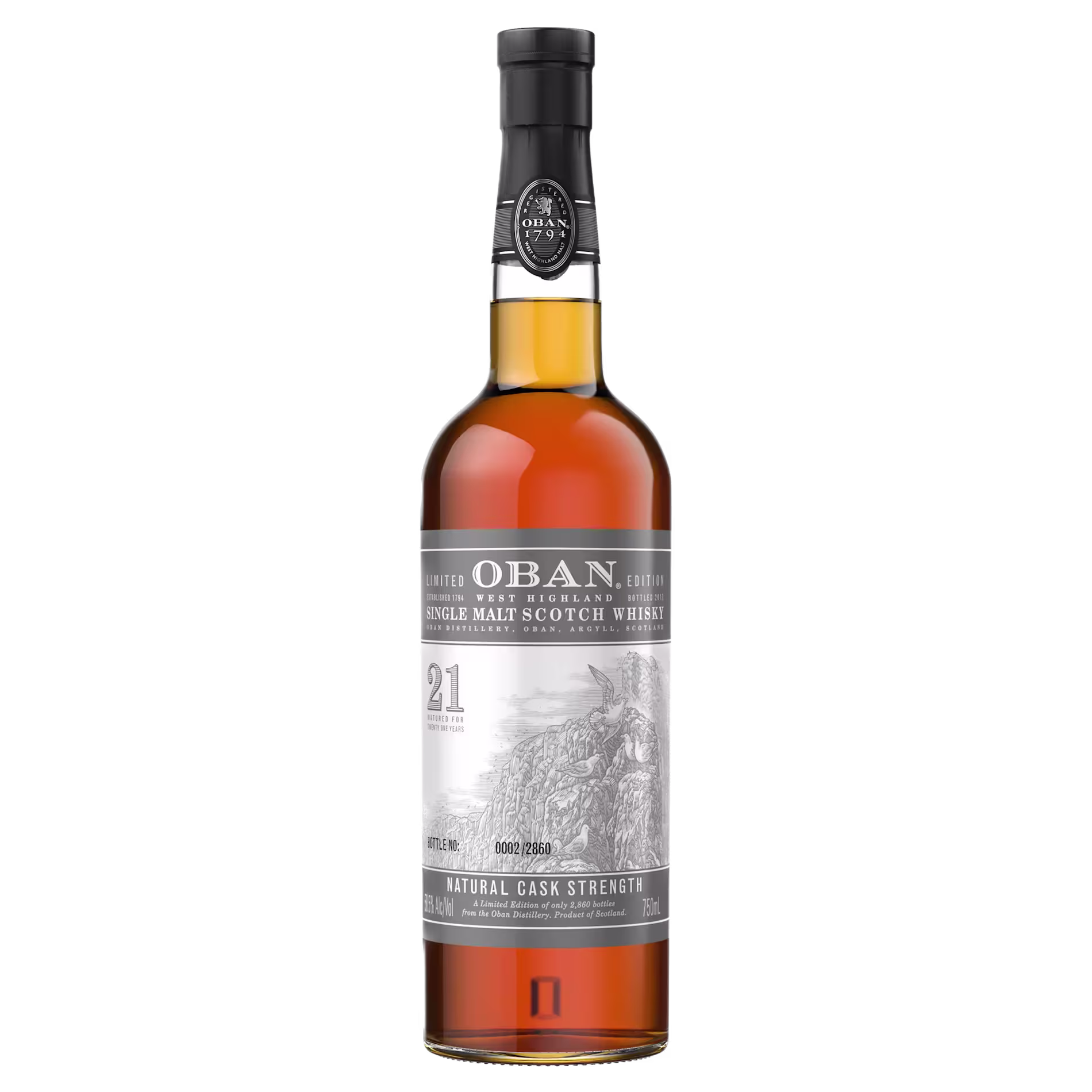 A bottle of Oban 21 Year Old single malt Scotch whisky with a detailed label and black cap, filled with amber-colored liquid, standing upright against a plain background.