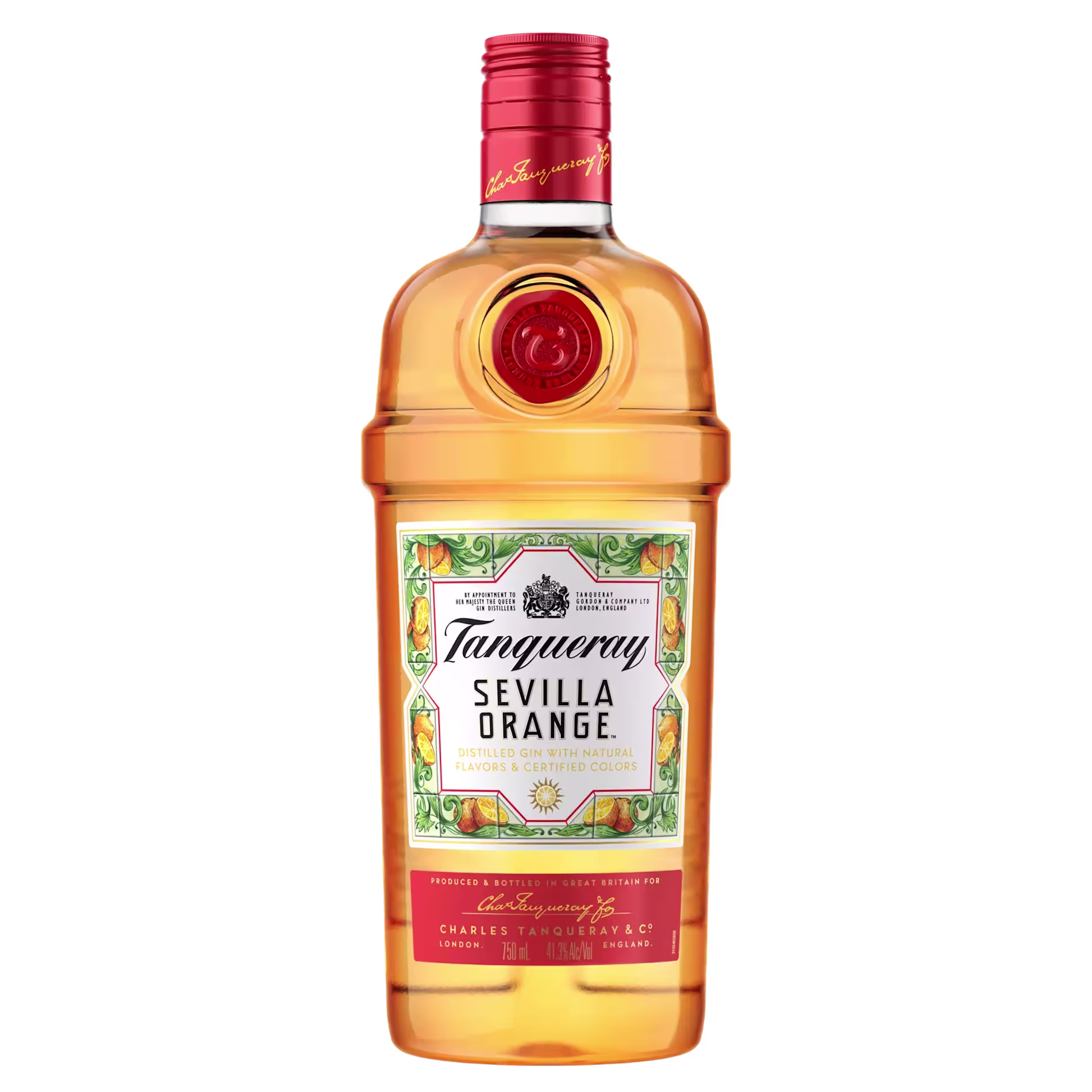 A bottle of Tanqueray Sevilla Orange gin with an orange-tinted liquid and a red cap, featuring a decorative label on the front.