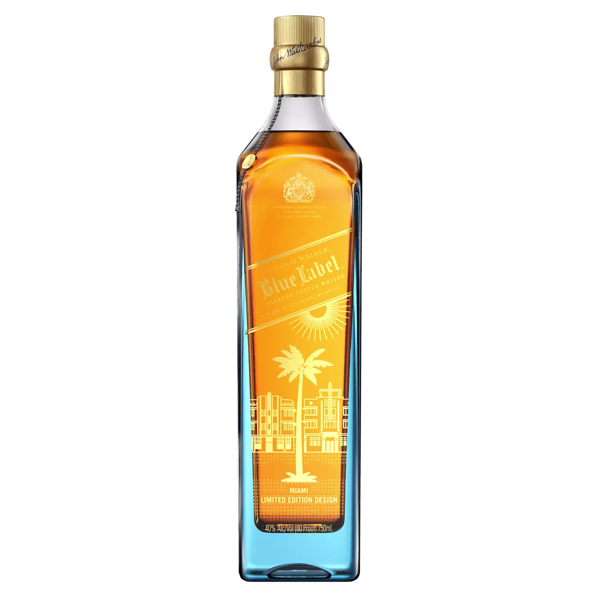 A bottle of Johnnie Walker Blue Label whisky with a limited edition design featuring a sun, palm tree, and cityscape in gold on the front.