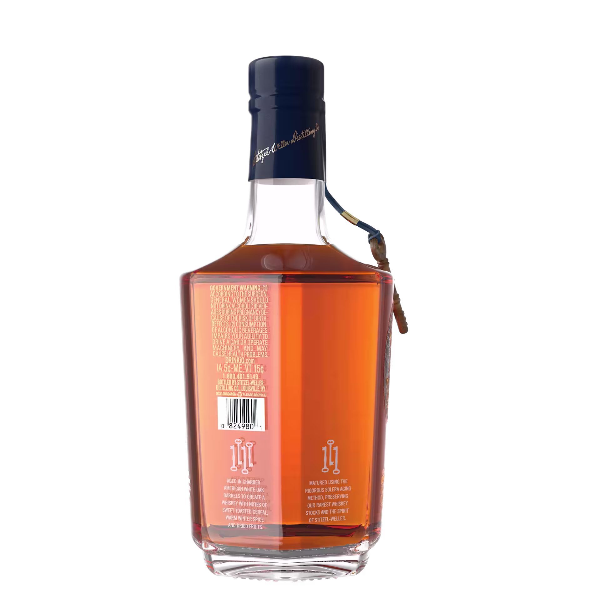 A bottle of brown liquor with a blue cap and wax seal, showing the back label with a barcode and product information.
