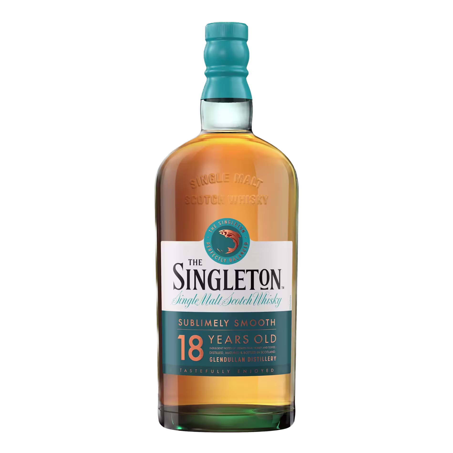A bottle of The Singleton Single Malt Scotch Whisky, 18 years old, with a teal cap and label displaying brand and age information.