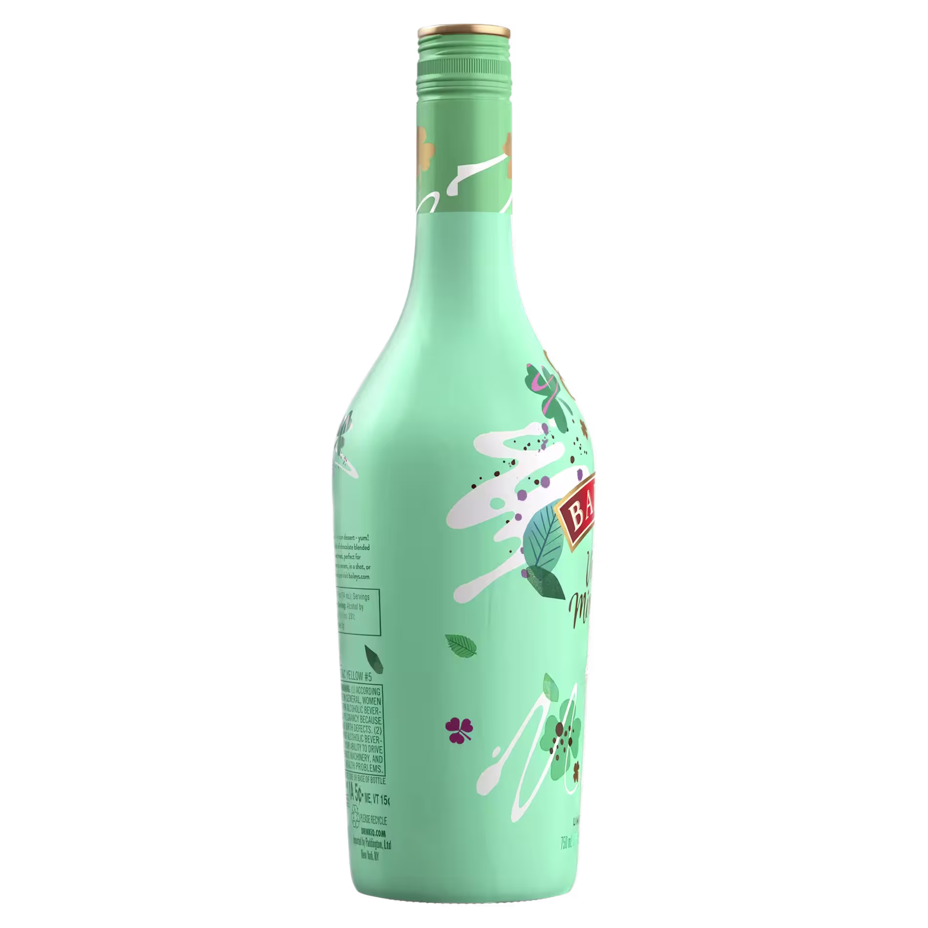 A matte mint green bottle with floral and leaf designs, white splashes, and a red label on the side, shown against a plain black background.