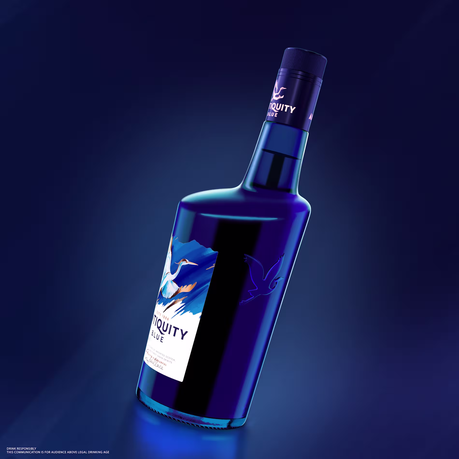 Side on Antiquity Blue bottle on a blue blackground
