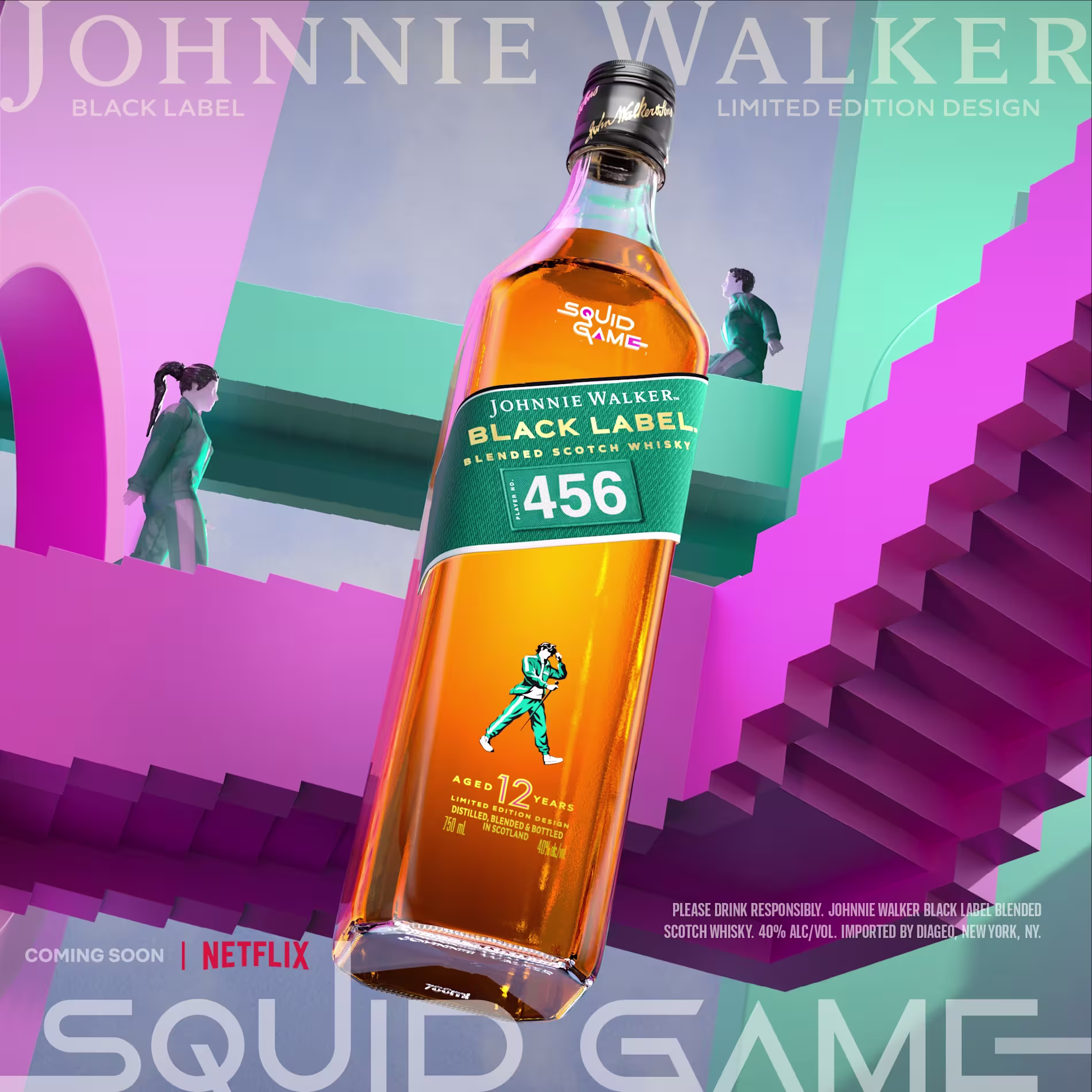 A bottle of Johnnie Walker Black Label featuring Squid Game branding is set against a colorful, surreal staircase background from the show.