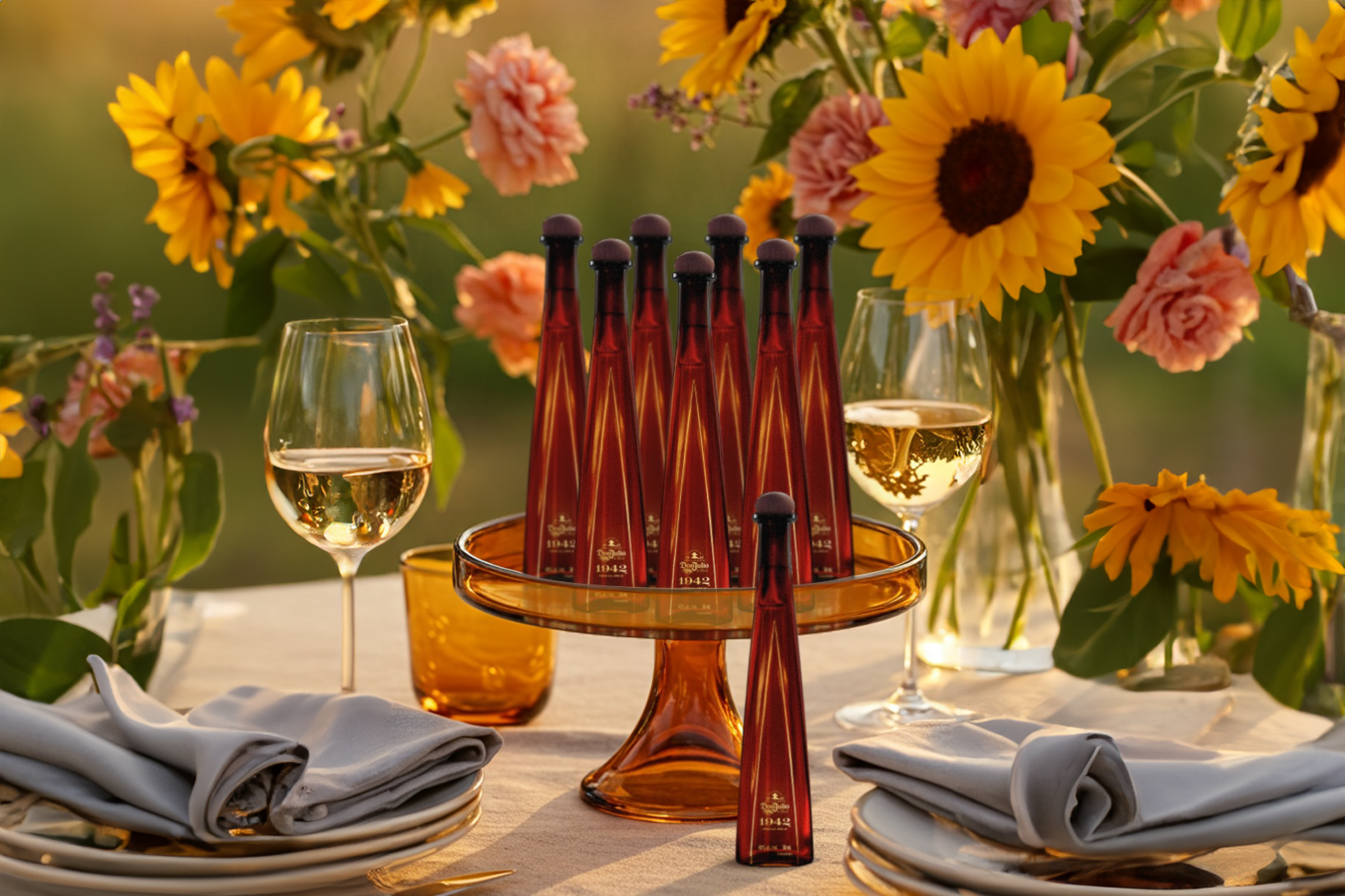 A set of red, conical bottles arranged on a glass cake stand, surrounded by wine glasses, napkins, and vases of sunflowers and pink flowers on an outdoor table.