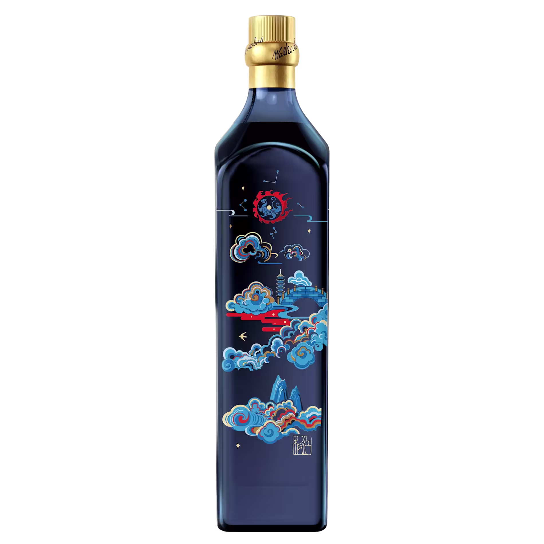 A dark blue bottle with gold cap featuring colorful illustrations of clouds, waves, and a red sun in an Asian-inspired style.