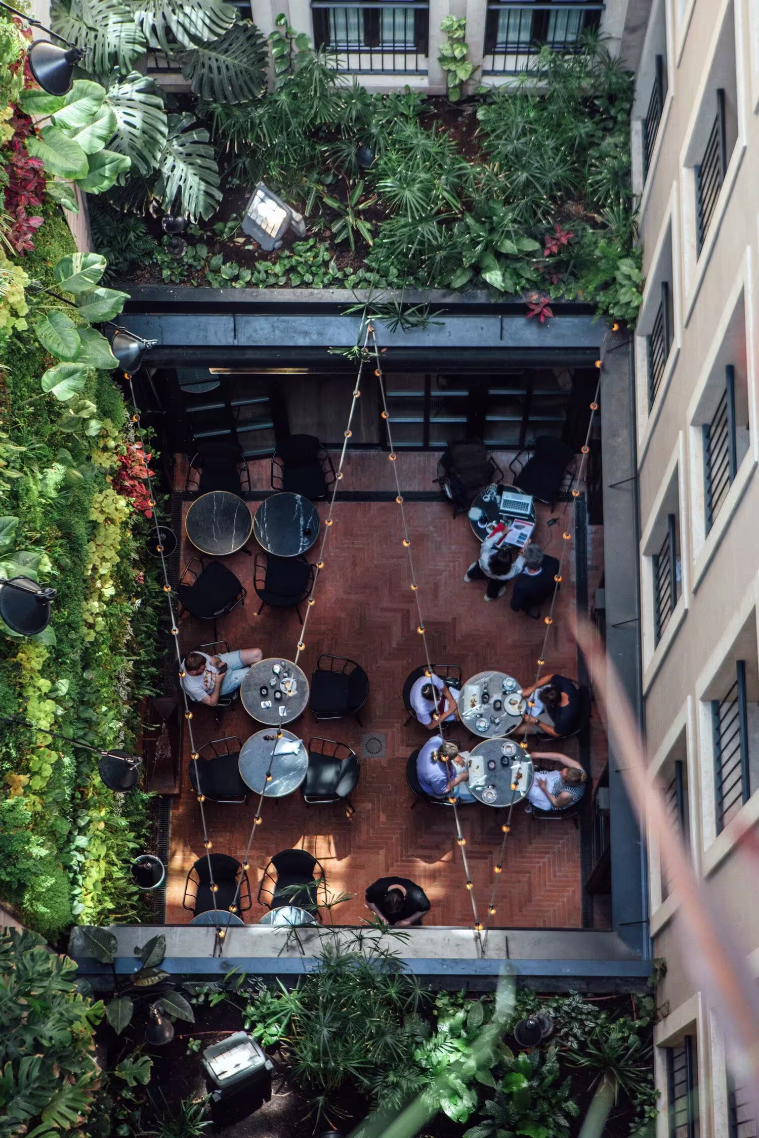 Contraban ofrece una terraza interior rodeada de plantas, mesas elegantes y un ambiente acogedor para disfrutar de una comida tranquila.