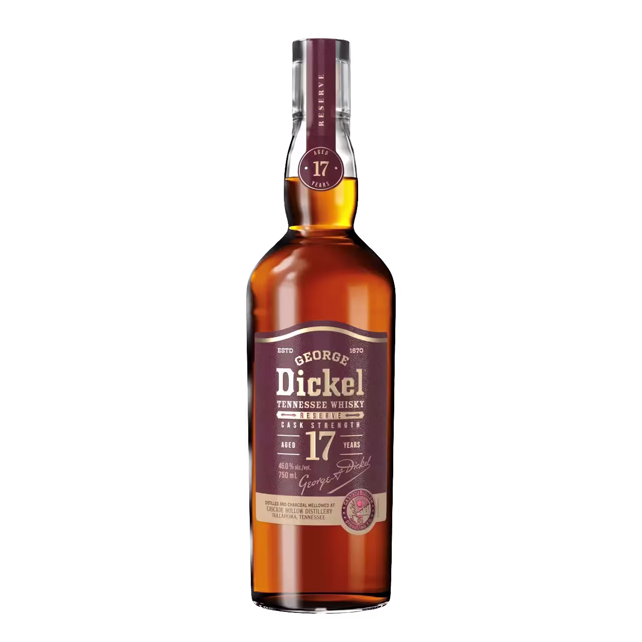 A bottle of George Dickel 17 Year Old Tennessee Whisky with a dark maroon and cream label on a black background.