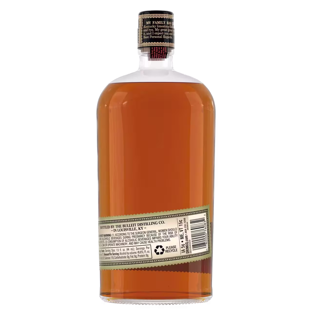 A clear glass bottle filled with amber liquid, featuring a black and gold cap and a cream-colored label with barcode and recycling symbol on the back.