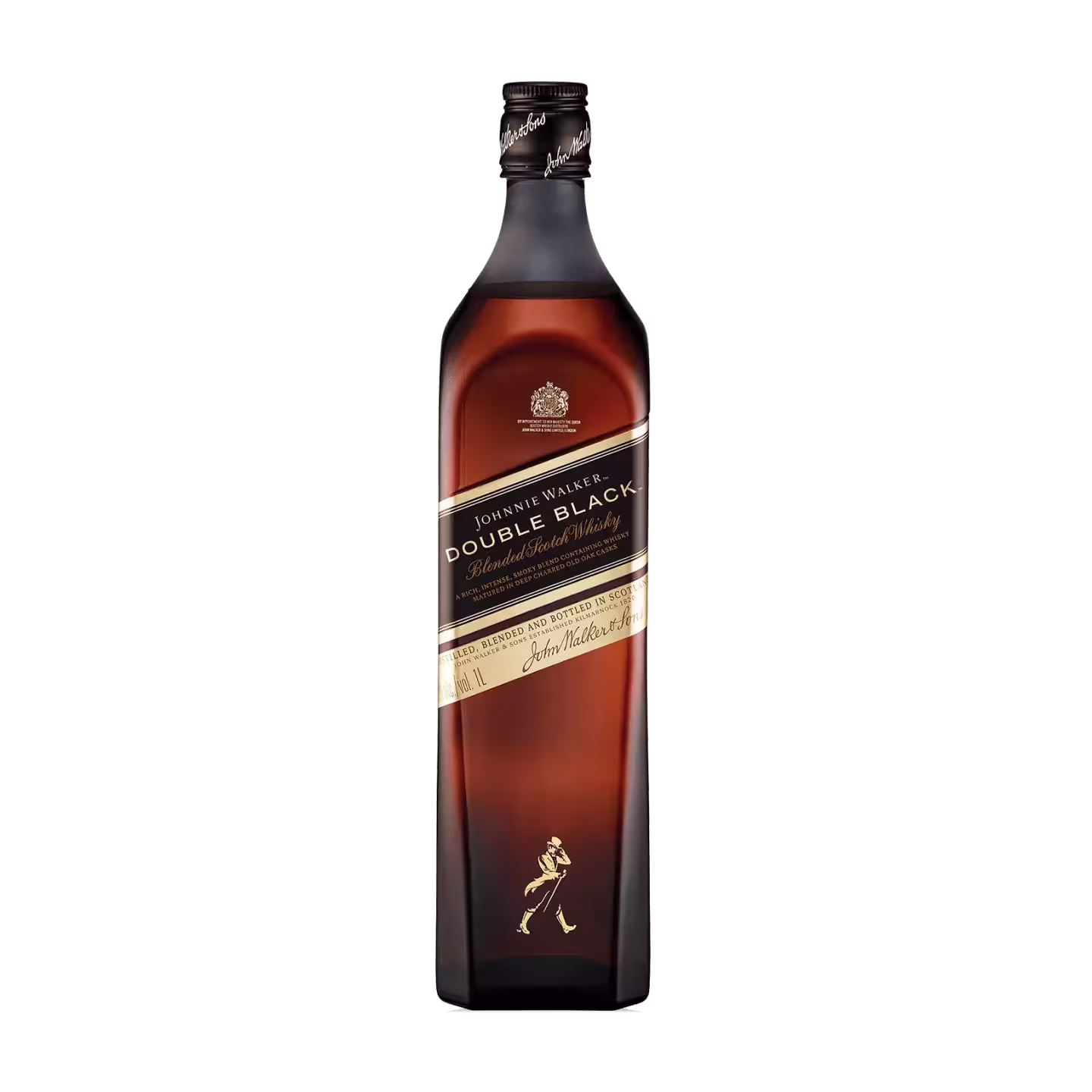 A bottle of Johnnie Walker Double Black blended Scotch whisky featuring a black label and gold accents, set against a plain black background.