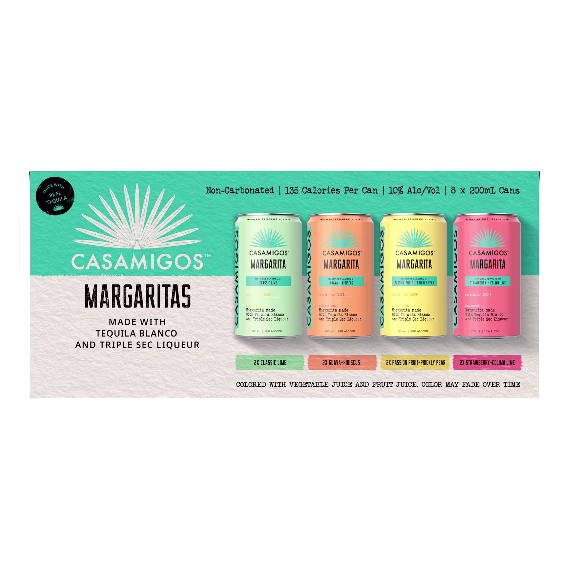 A 4-pack of Casamigos Margaritas in pastel-colored cans, featuring four flavors: Signature, Strawberry, Blackberry, and Mango, with product details on the packaging.