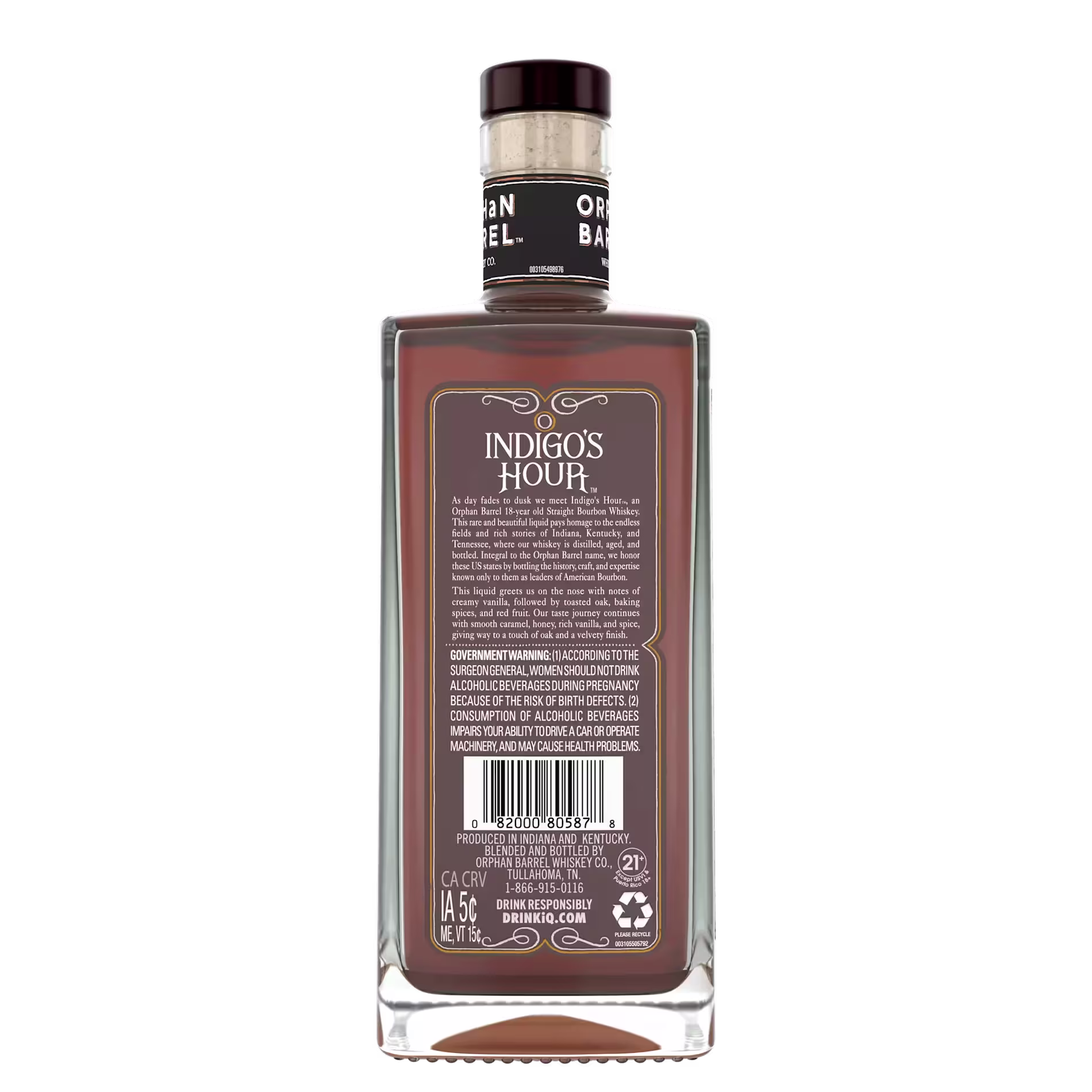 A bottle of Indigos Hour bourbon whiskey shown from the back, displaying its label, barcode, government warning, recycling symbol, and website information.