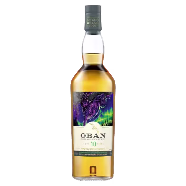 A bottle of Oban 10-Year-Old single malt Scotch whisky with a label featuring colorful artwork and the Northern Lights.