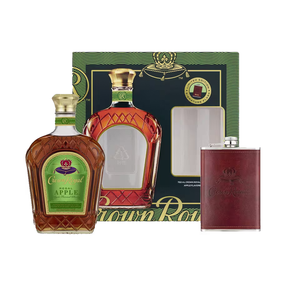 Crown Royal Apple whiskey gift set with a bottle, branded flask, and decorative box.