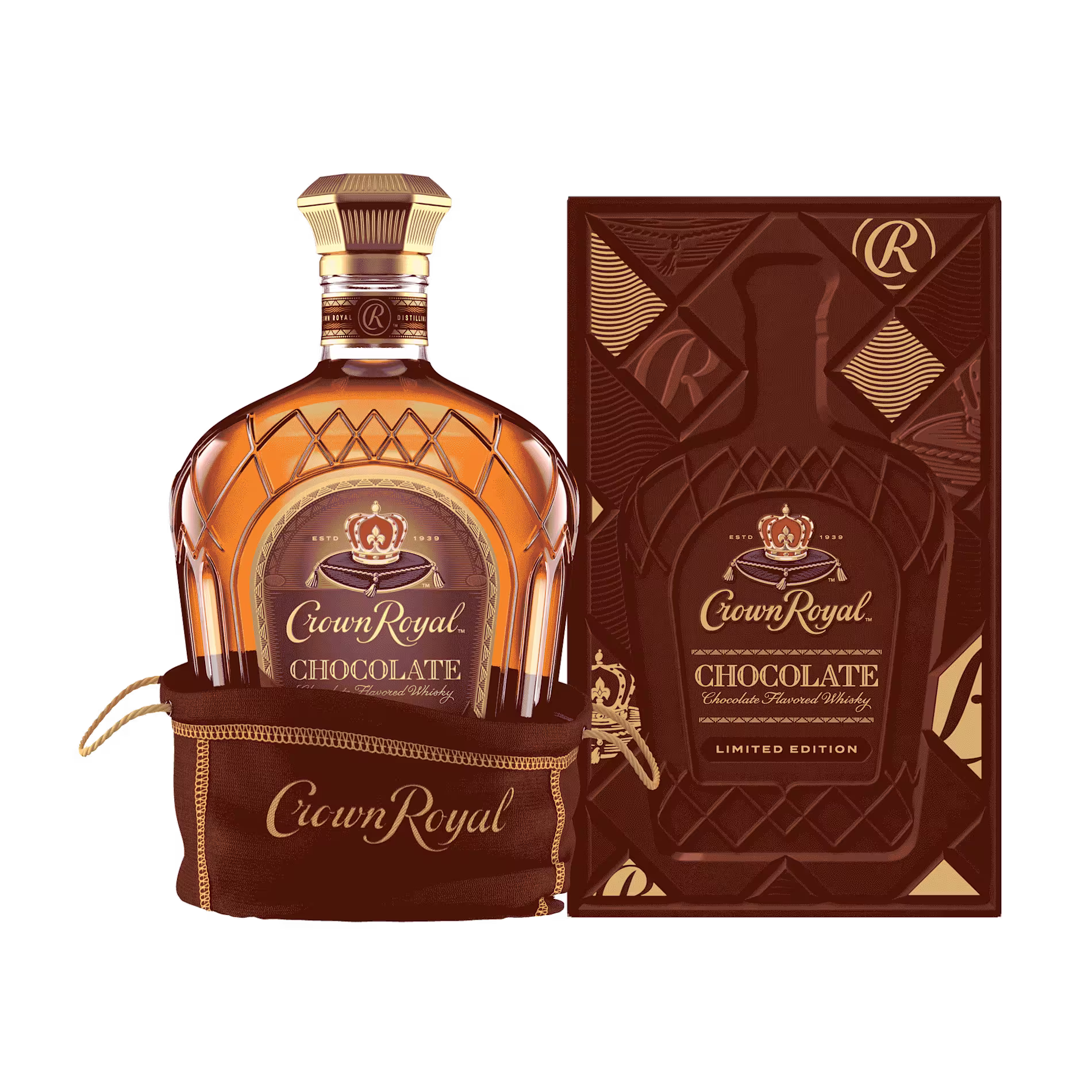 A bottle of Crown Royal Chocolate Canadian whisky in a brown pouch, displayed next to its matching limited edition box.