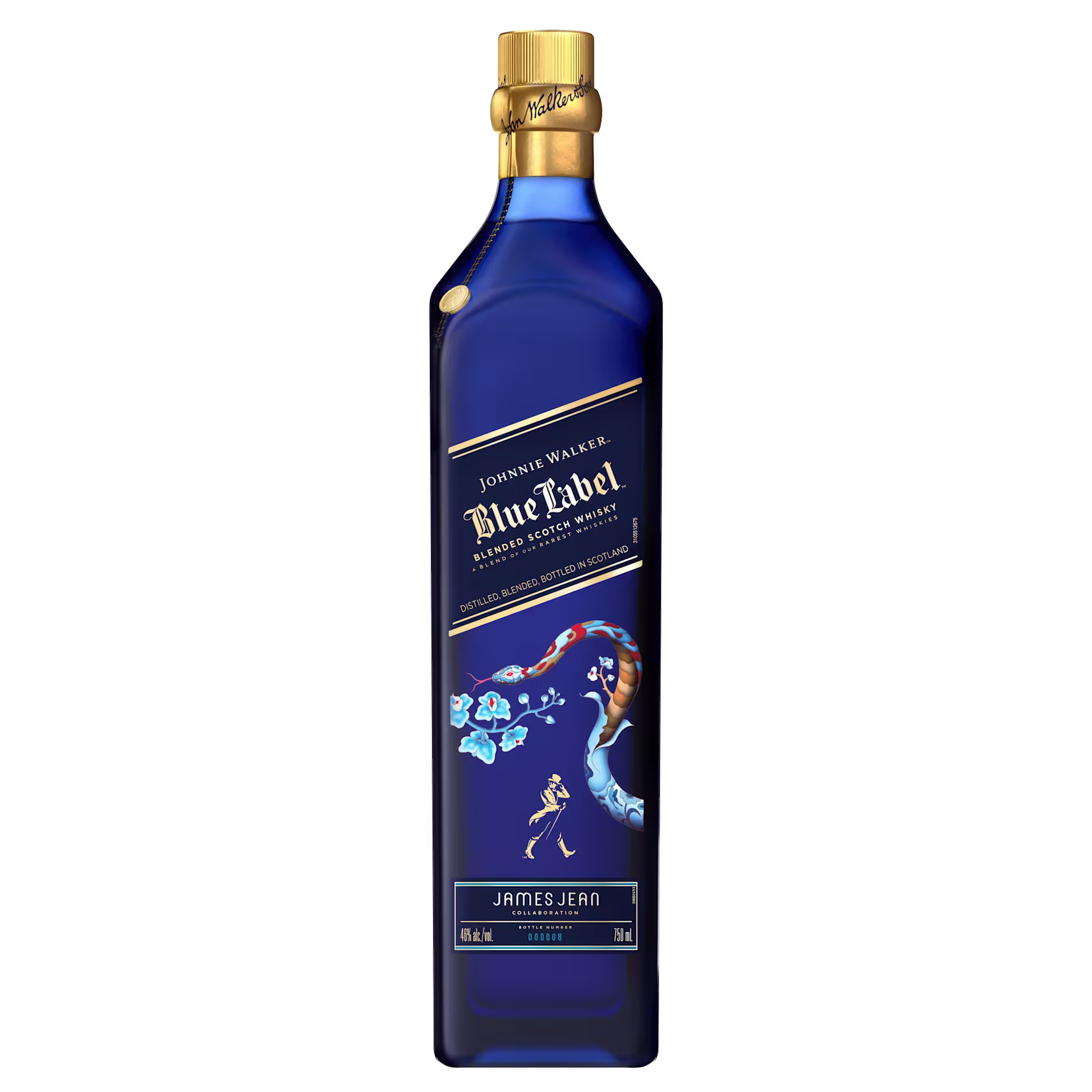 A bottle of Johnnie Walker Blue Label blended Scotch whisky with special edition artwork featuring blue flowers and a koi fish.