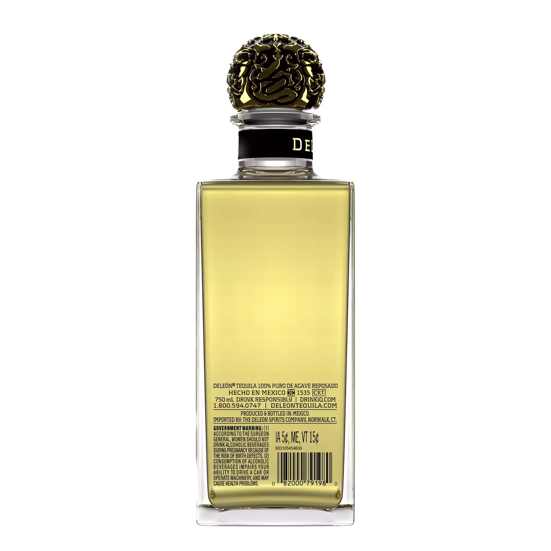 A rectangular bottle of Delos Tequila with a gold cap featuring an ornate design, filled with light gold liquid, and labeled with product details on the back.