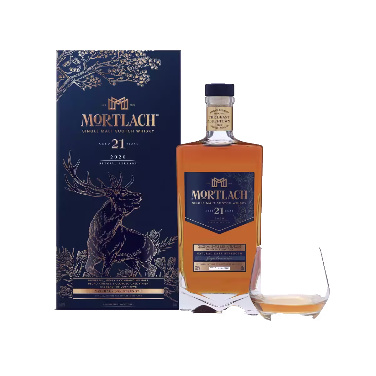 A bottle of Mortlach 21-year-old single malt scotch whisky is shown next to its decorative box featuring a stag illustration.