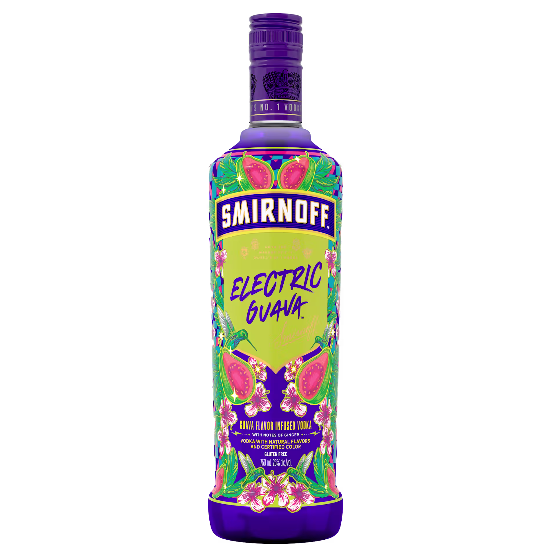 A bottle of Smirnoff Electric Guava vodka featuring a vibrant label with guava fruit and floral designs on a purple and green background.