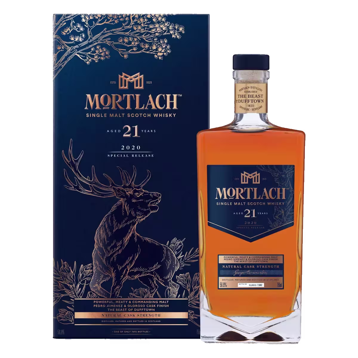 A bottle of Mortlach 21 Year Old Single Malt Scotch Whisky is shown next to its decorative box featuring a stag illustration and gold-embossed text.