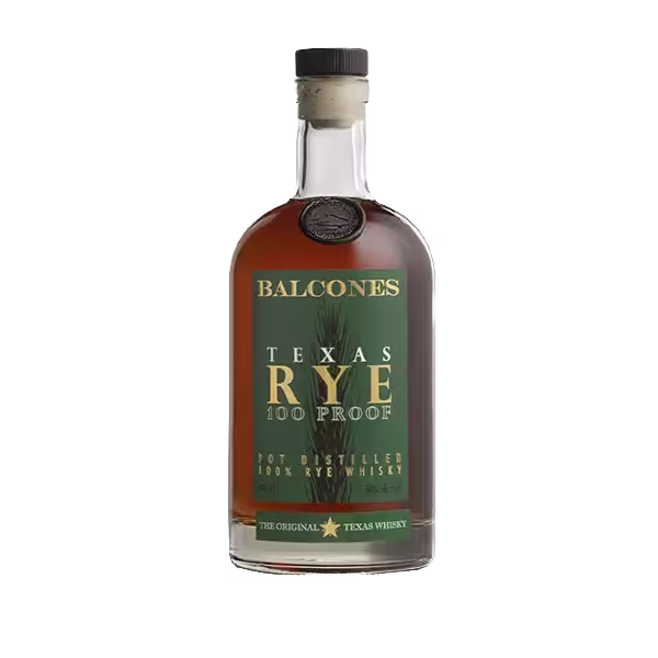 A bottle of Balcones Texas Rye 100 Proof Pot Distilled 100% Rye Whisky with a green and gold label.
