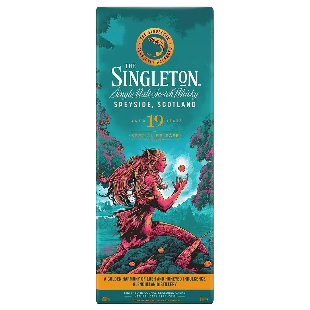 The packaging for The Singleton 19 Year Old Single Malt Scotch Whisky features a mermaid holding a glowing orb against a teal and orange background, with text detailing the special release.