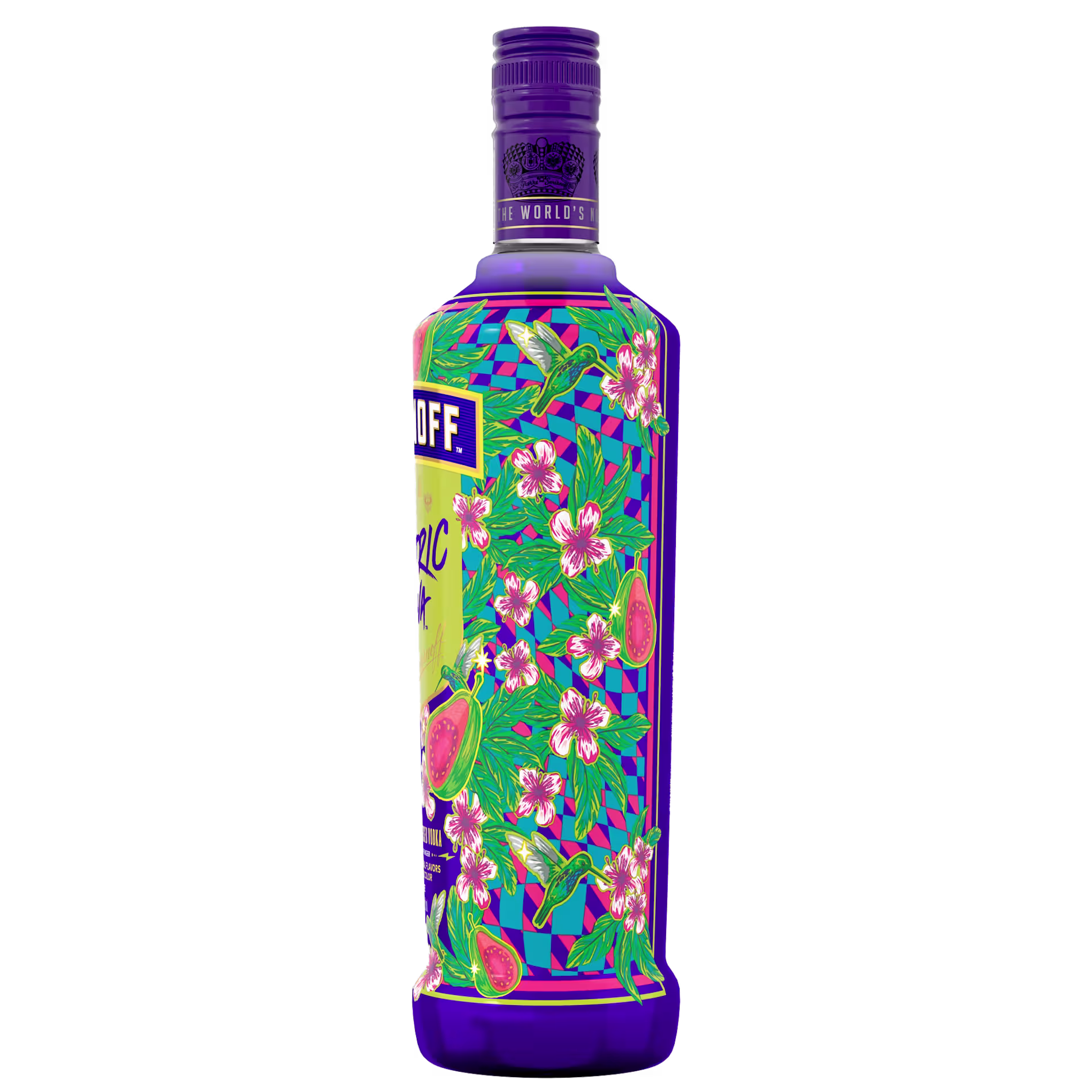 A purple bottle decorated with vibrant illustrations of pink flowers, green leaves, and figs, featuring the Smirnoff brand label.