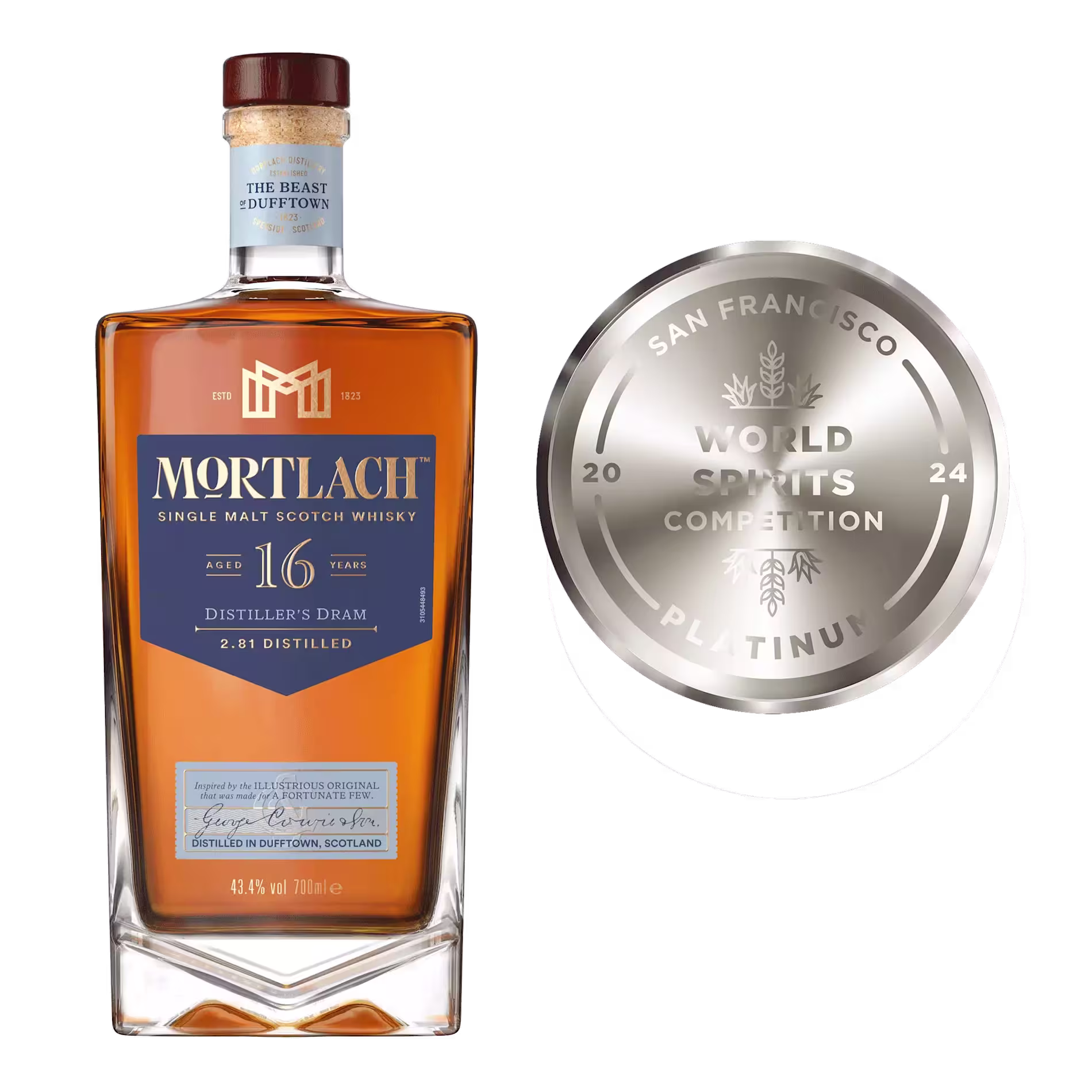 A bottle of Mortlach 16 Year Old Single Malt Scotch Whisky is shown next to a 2024 San Francisco World Spirits Competition platinum medal.
