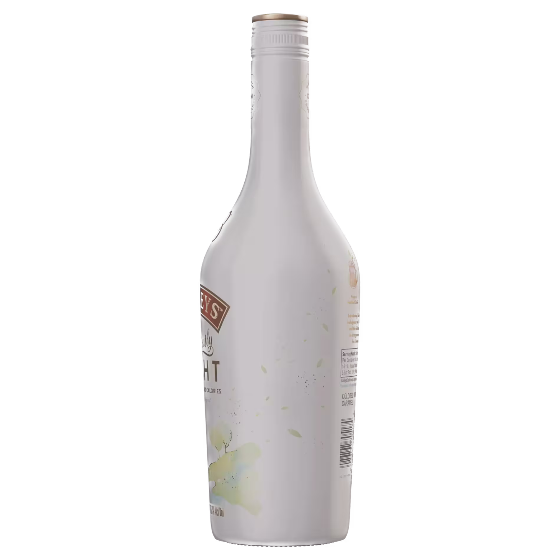 A white bottle of Baileys Deliciously Light Irish Cream Liqueur against a black background.