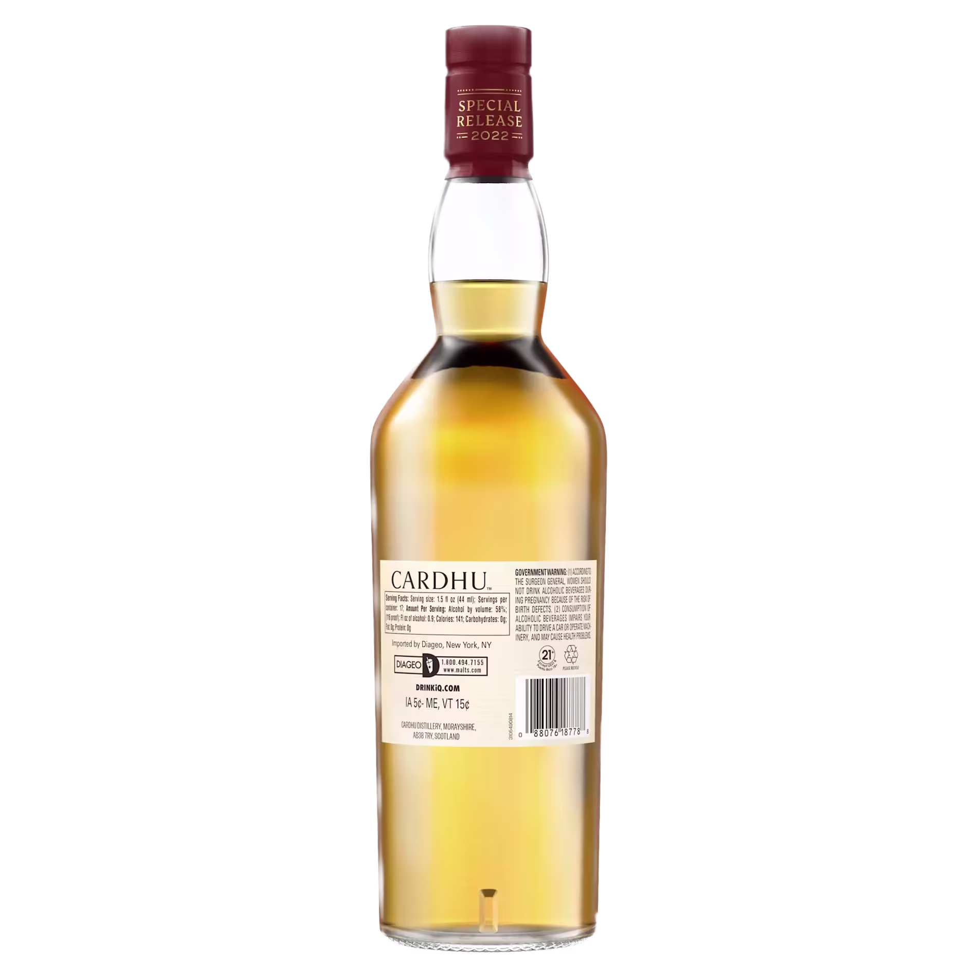 A bottle of Cardhu Special Release 2022 single malt Scotch whisky, shown from the back with a label displaying product details.