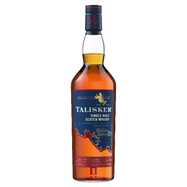 A bottle of Talisker Single Malt Scotch Whisky with a blue label and red accents, labeled as an edition release.
