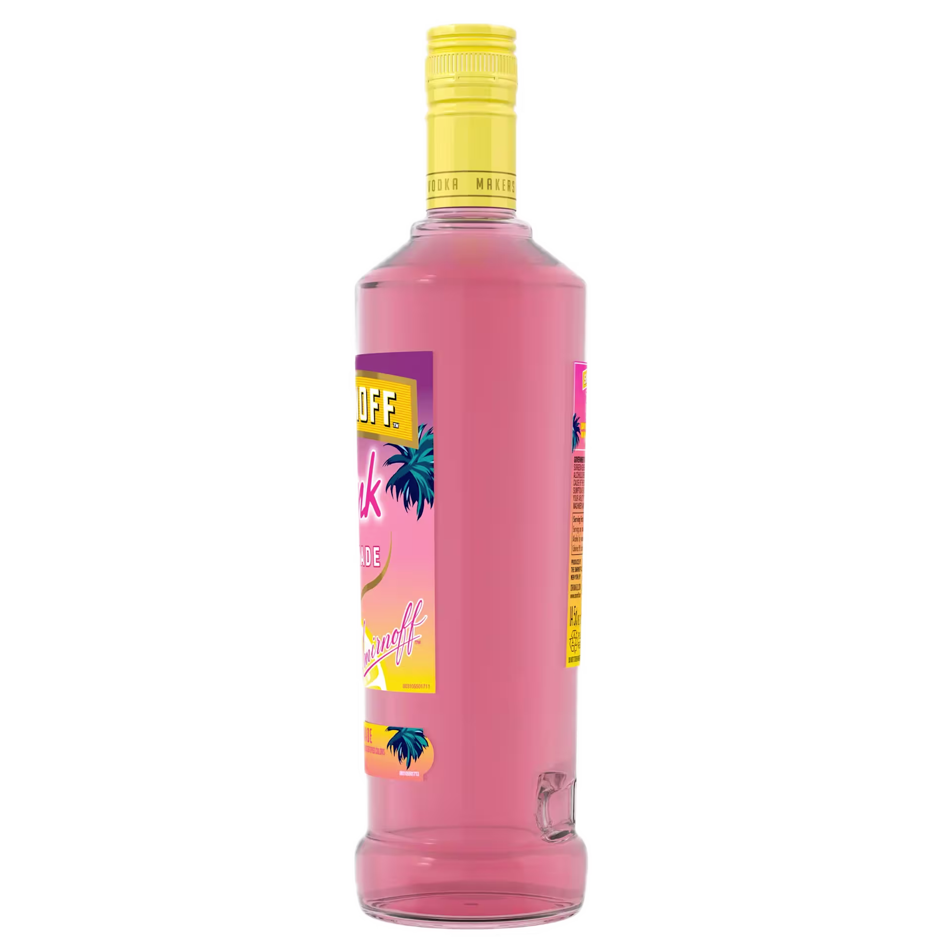 A bottle of Smirnoff Pink Lemonade flavored vodka with a yellow cap and a pink label featuring palm trees.
