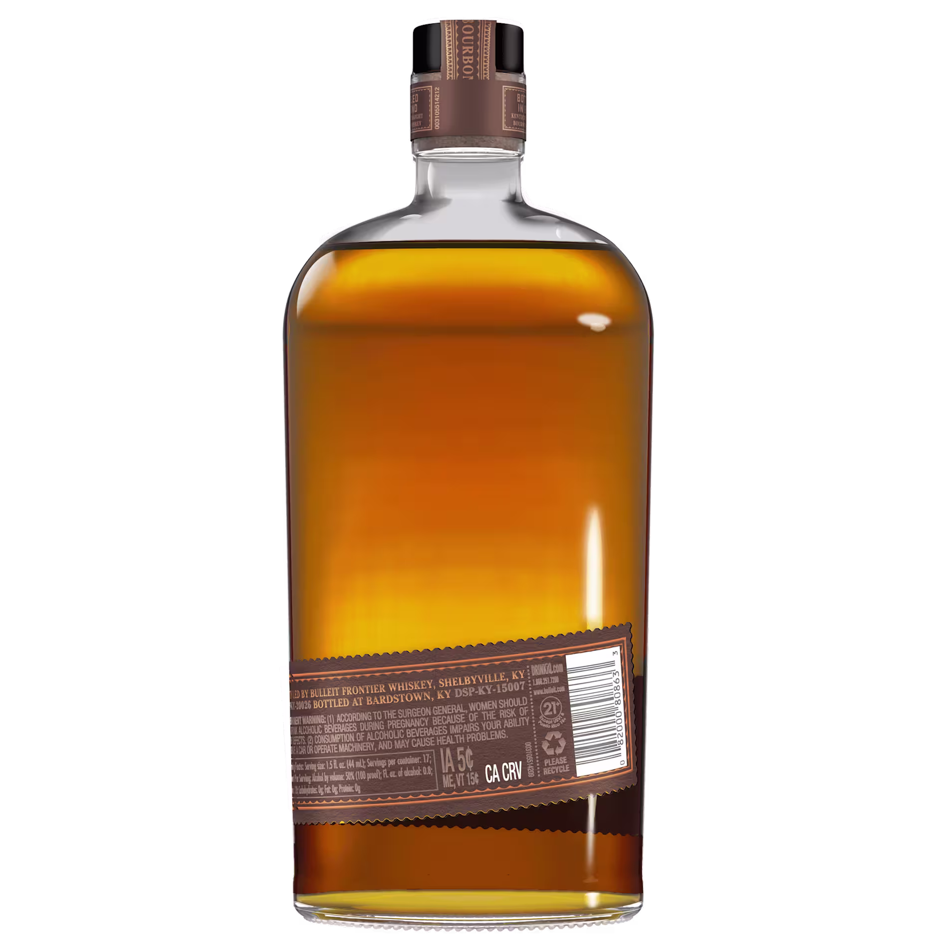 A clear bottle filled with amber-colored liquid, featuring a brown label with text and barcode on the back.