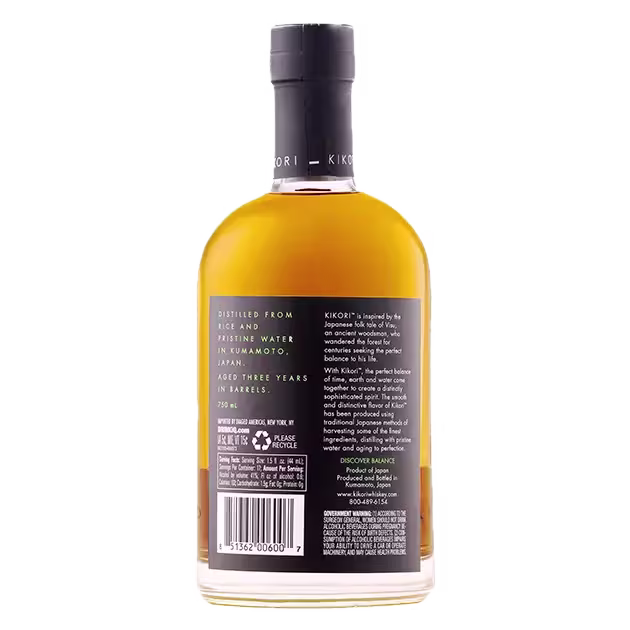 A bottle of Kikori Japanese whiskey with a black cap, showing the back label with product information and barcode.