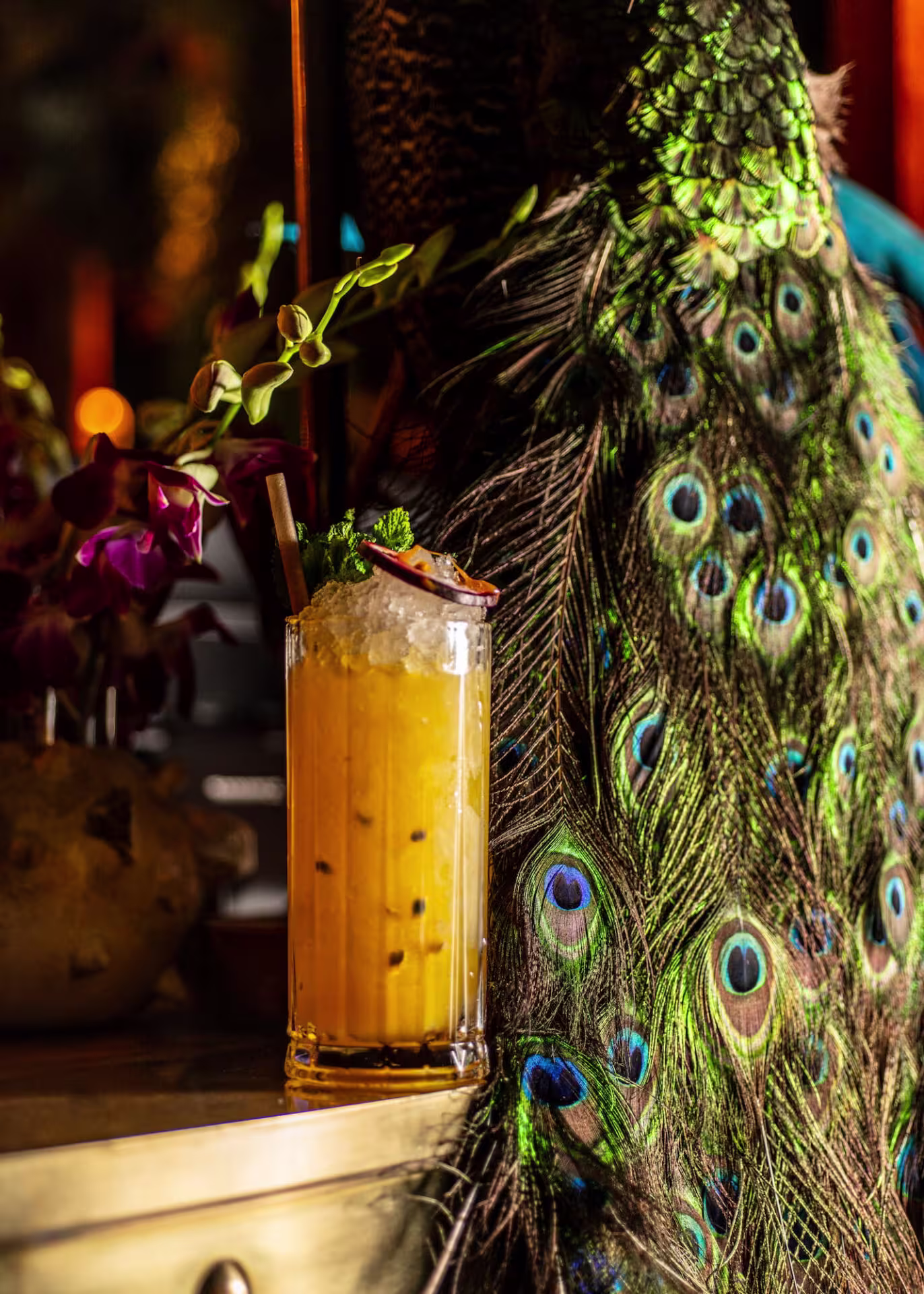 Cocktail exótico en Amazónico, decorado con flores y frutas, y una pluma de pavo real de fondo, destacando su atmósfera elegante.