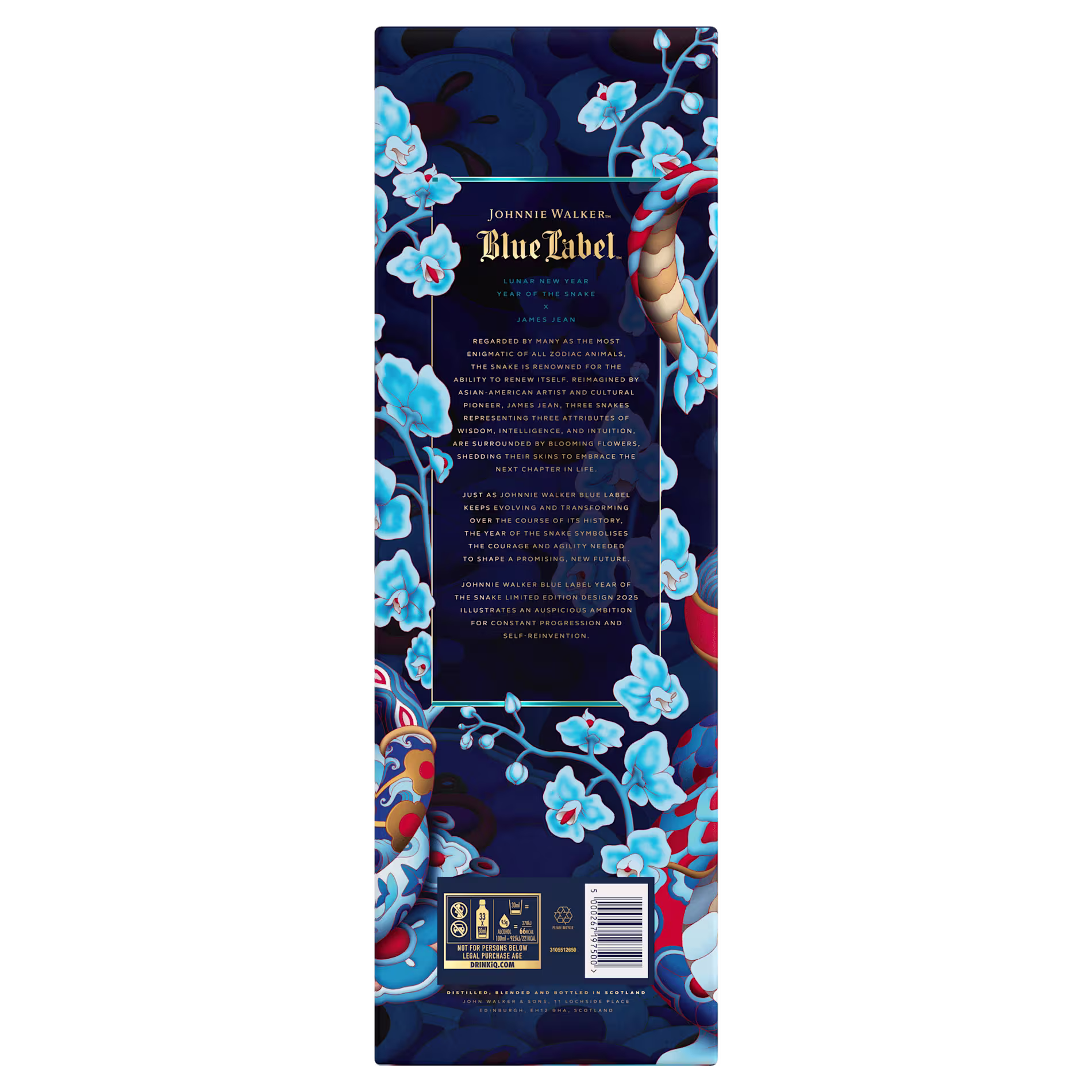 Rectangular Johnnie Walker Blue Label box with blue floral and dragon designs, and gold and white text describing the product on a dark background.
