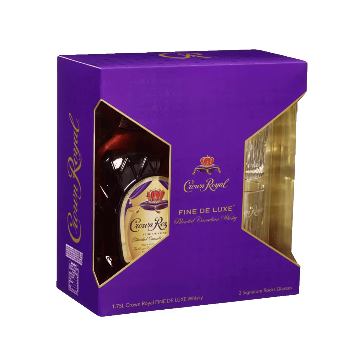 A boxed set of Crown Royal Fine De Luxe Canadian whisky with two signature rocks glasses, packaged in a purple and gold box.