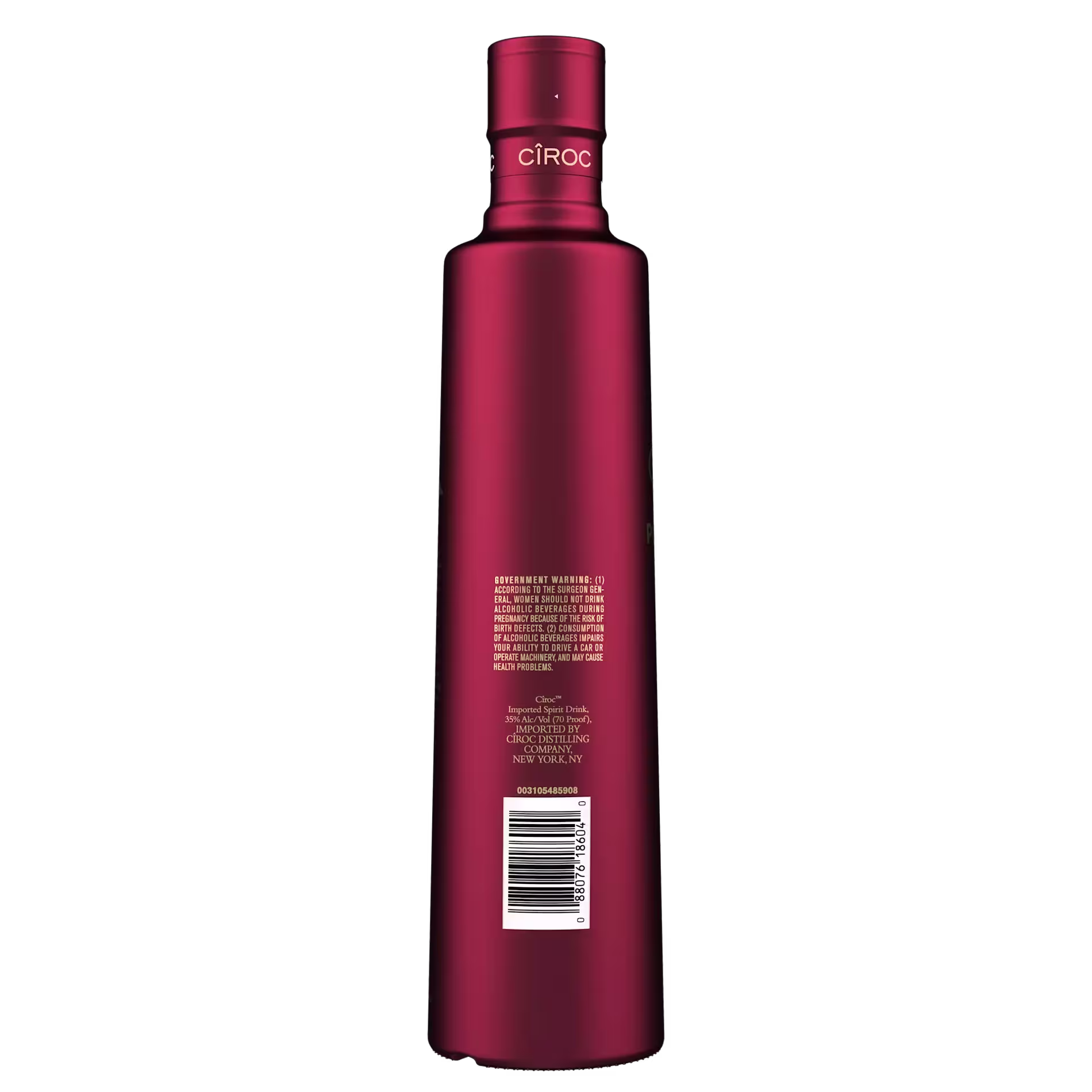 A tall, red bottle of Ciroc vodka shown from the back, displaying product information and a barcode.