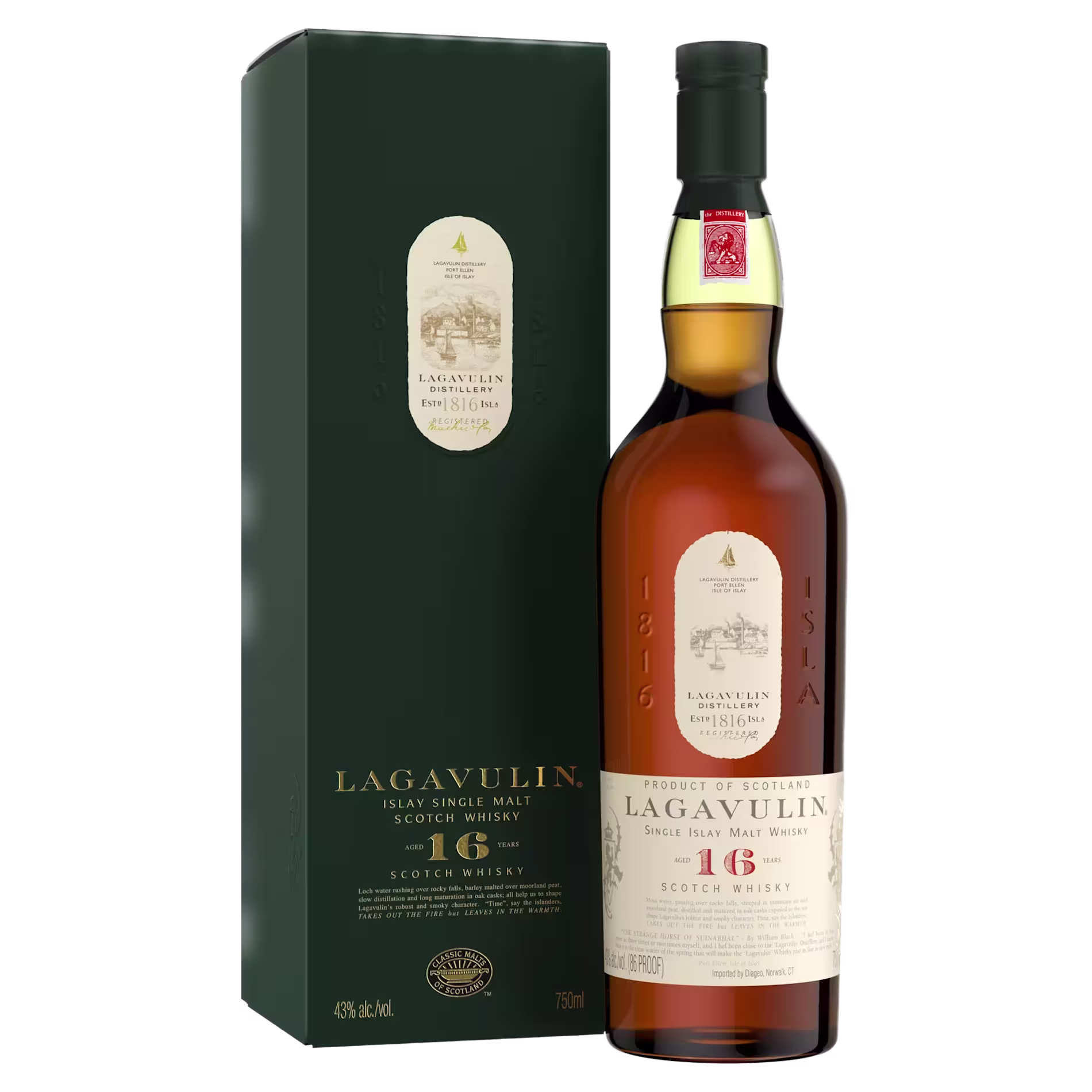 A bottle of Lagavulin 16 Year Old Islay Single Malt Scotch Whisky stands next to its dark green box packaging, both labeled with gold and cream details.