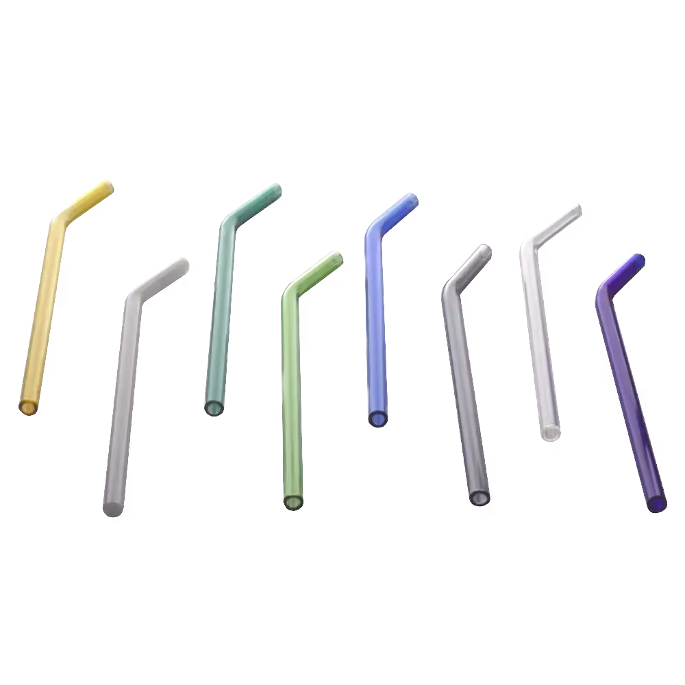 Nine bent drinking straws in various colors, including yellow, green, blue, gray, and purple, arranged upright in a row on a black background.