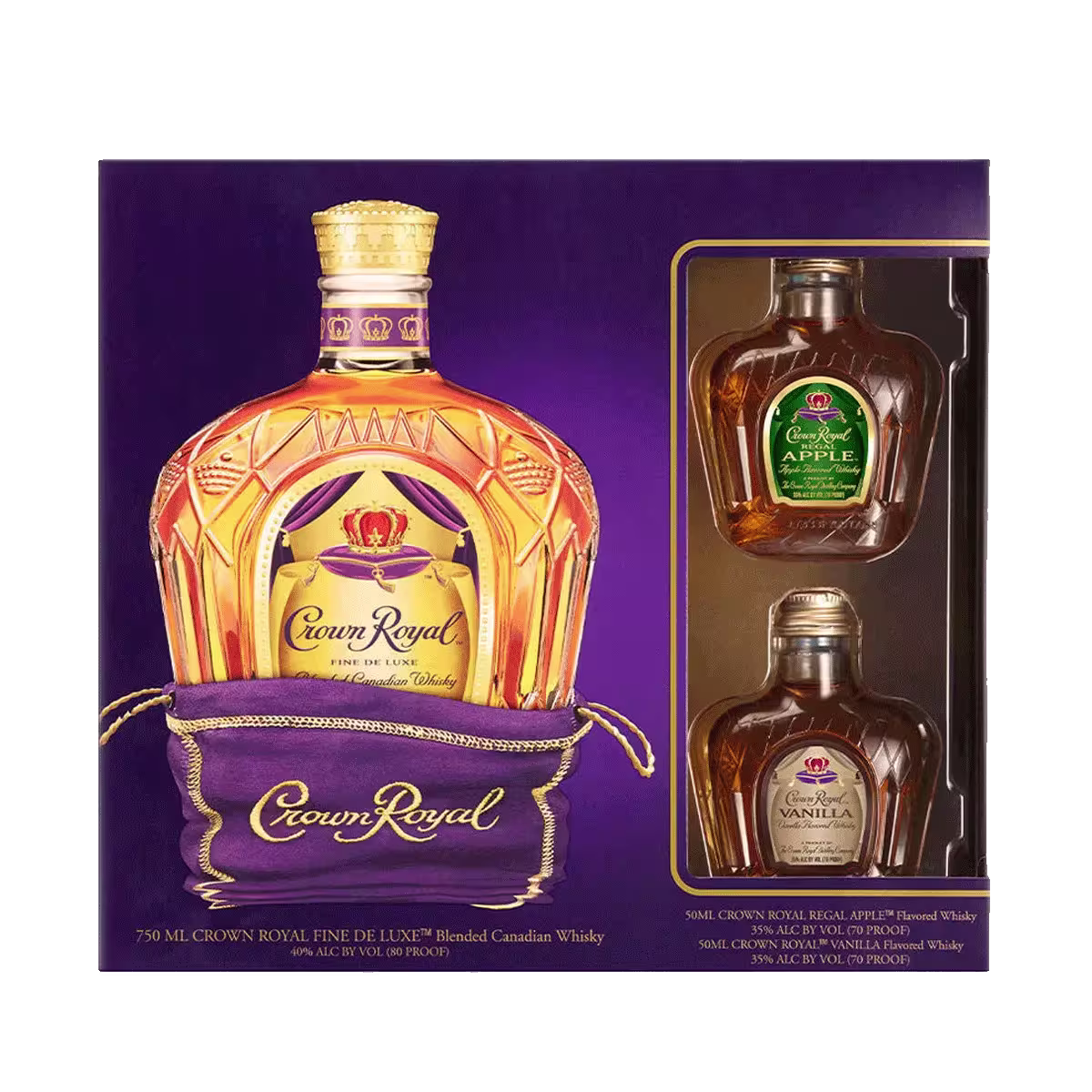 A gift set featuring a large bottle of Crown Royal whisky with a purple pouch, alongside two smaller bottles of Regal Apple and Vanilla flavored Crown Royal.