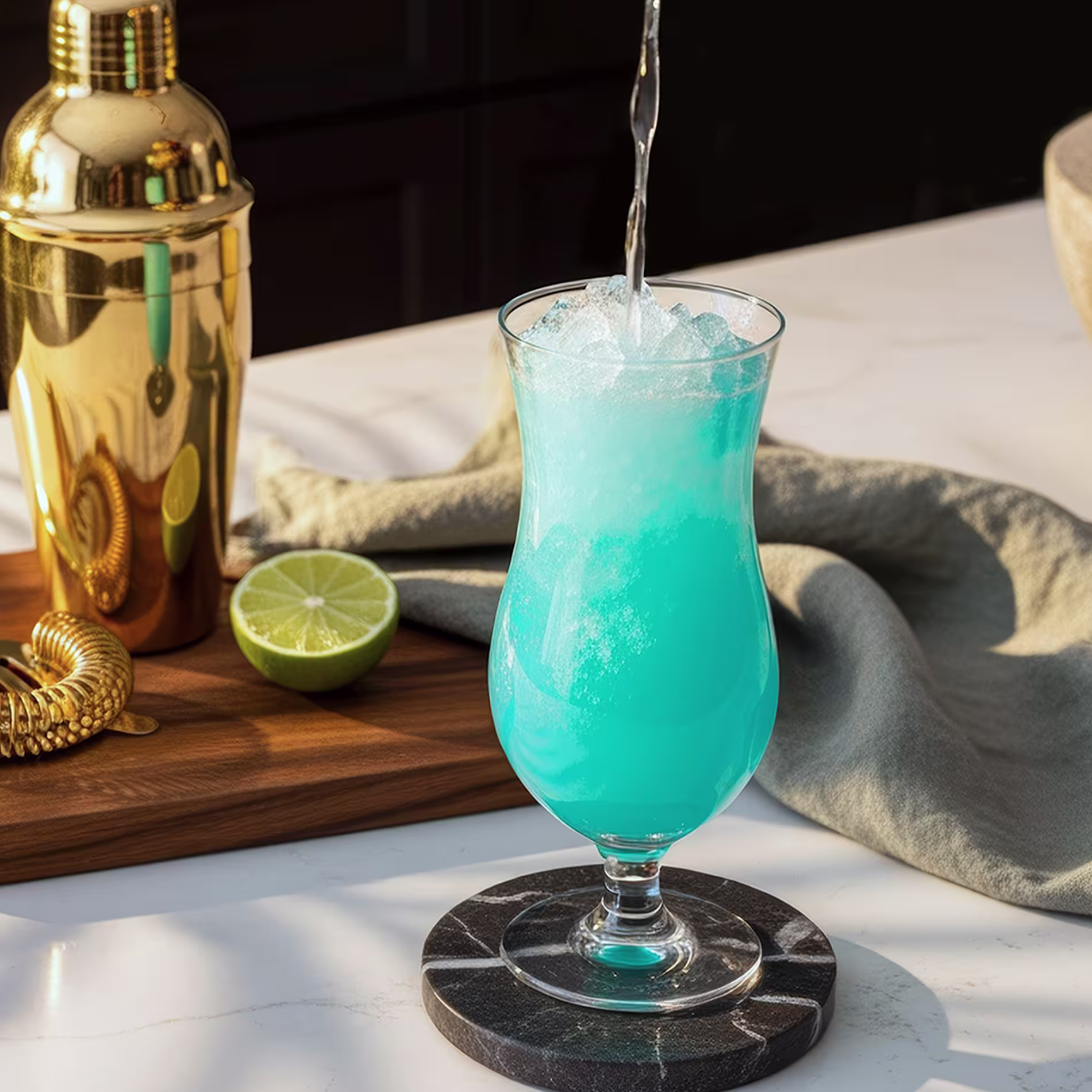 Liquid is poured into a Blue Lagoon cocktail