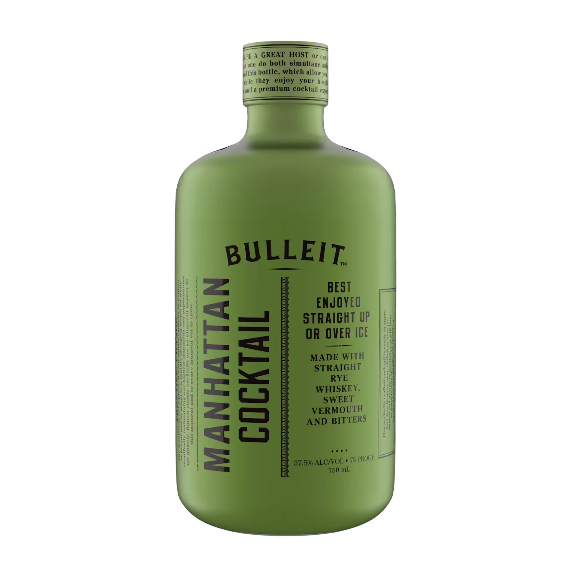 A green bottle of Bulleit Manhattan Cocktail, labeled with serving suggestions and ingredients including rye whiskey, sweet vermouth, and bitters.