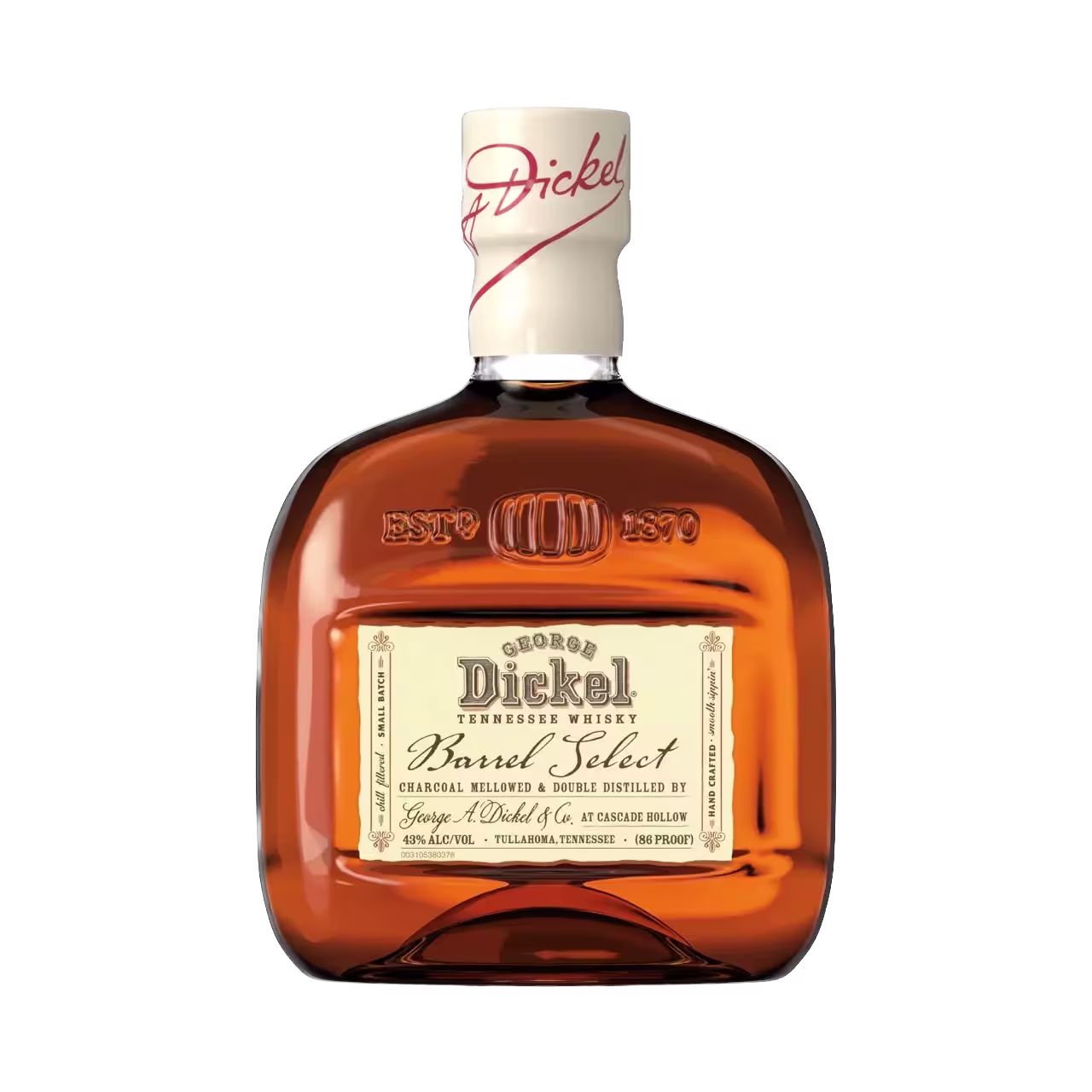 A bottle of George Dickel Barrel Select Tennessee Whisky with a cream label and red script cap, filled with amber-colored whisky against a black background.