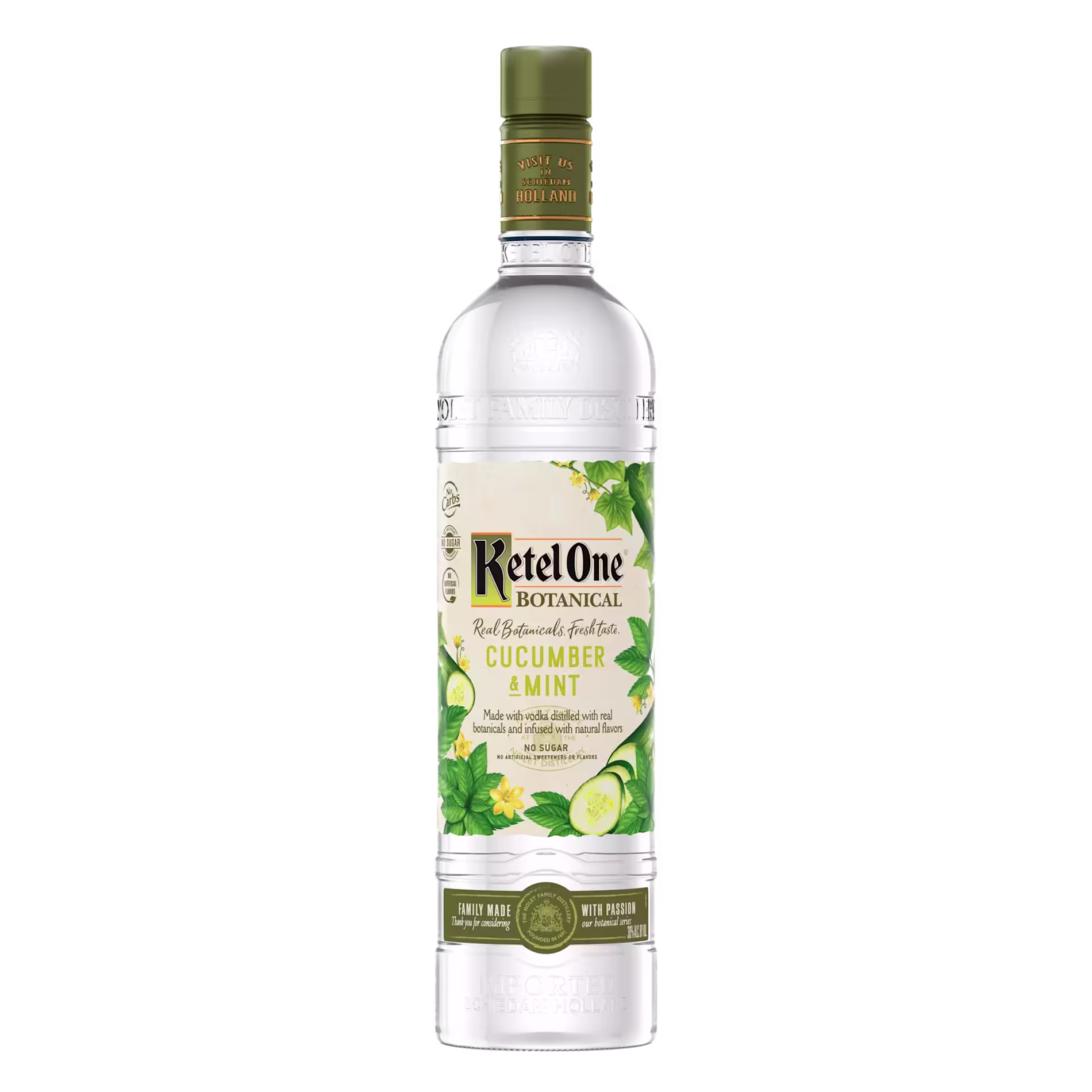 A bottle of Ketel One Botanical Cucumber & Mint vodka with a green cap and a label featuring images of cucumber slices and mint leaves.