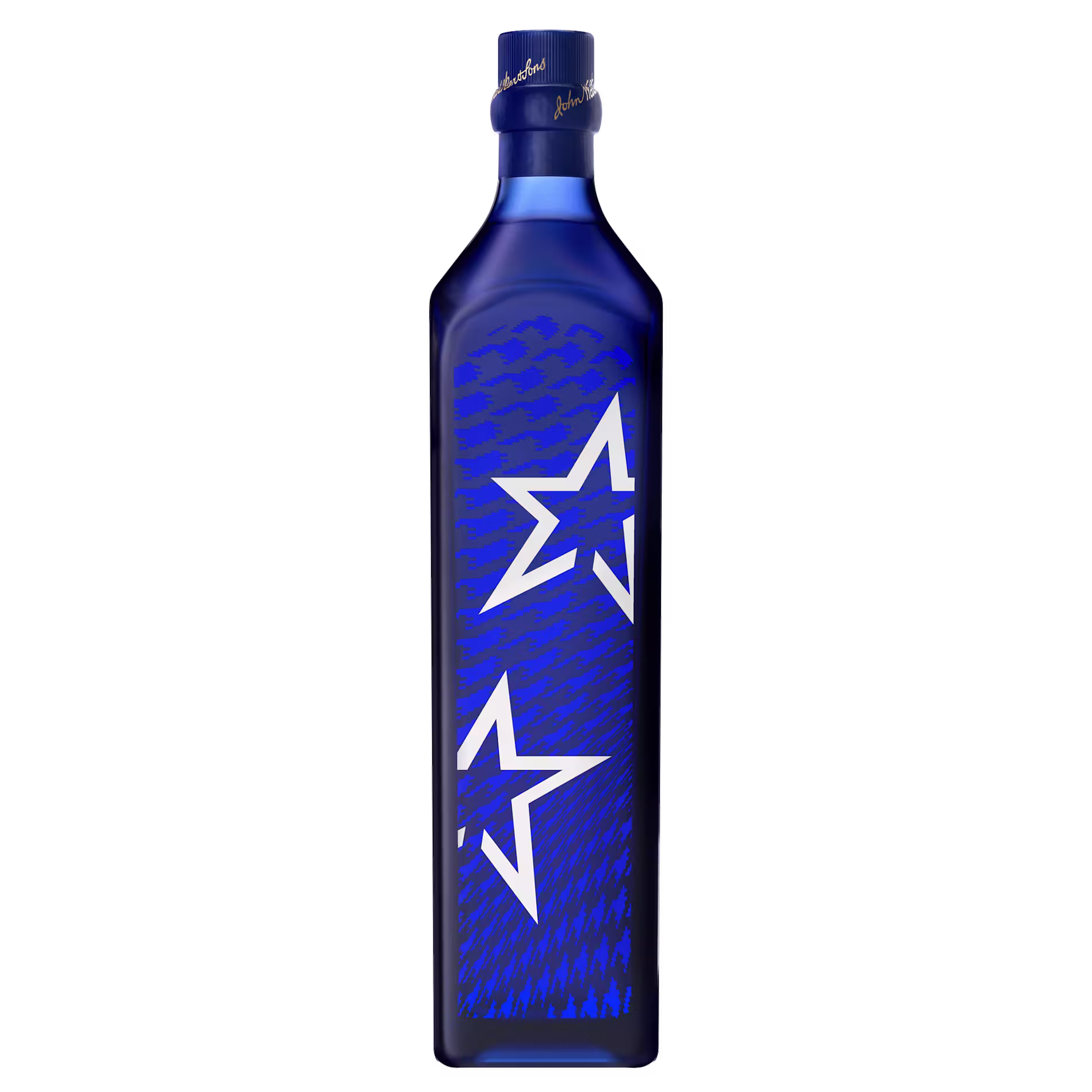 A blue glass bottle with a screw cap featuring two large white star designs on the front.