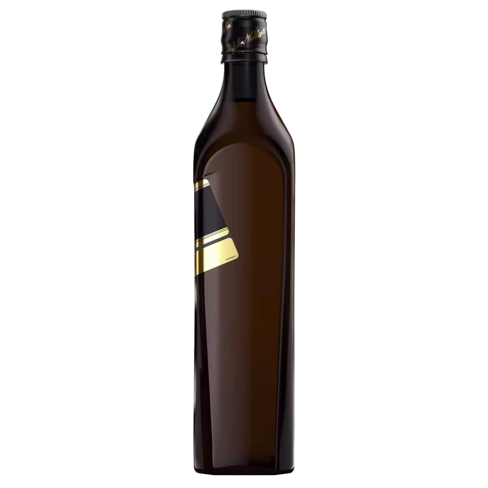A dark brown glass bottle with a black screw cap and minimal gold and black label design, set against a black background.